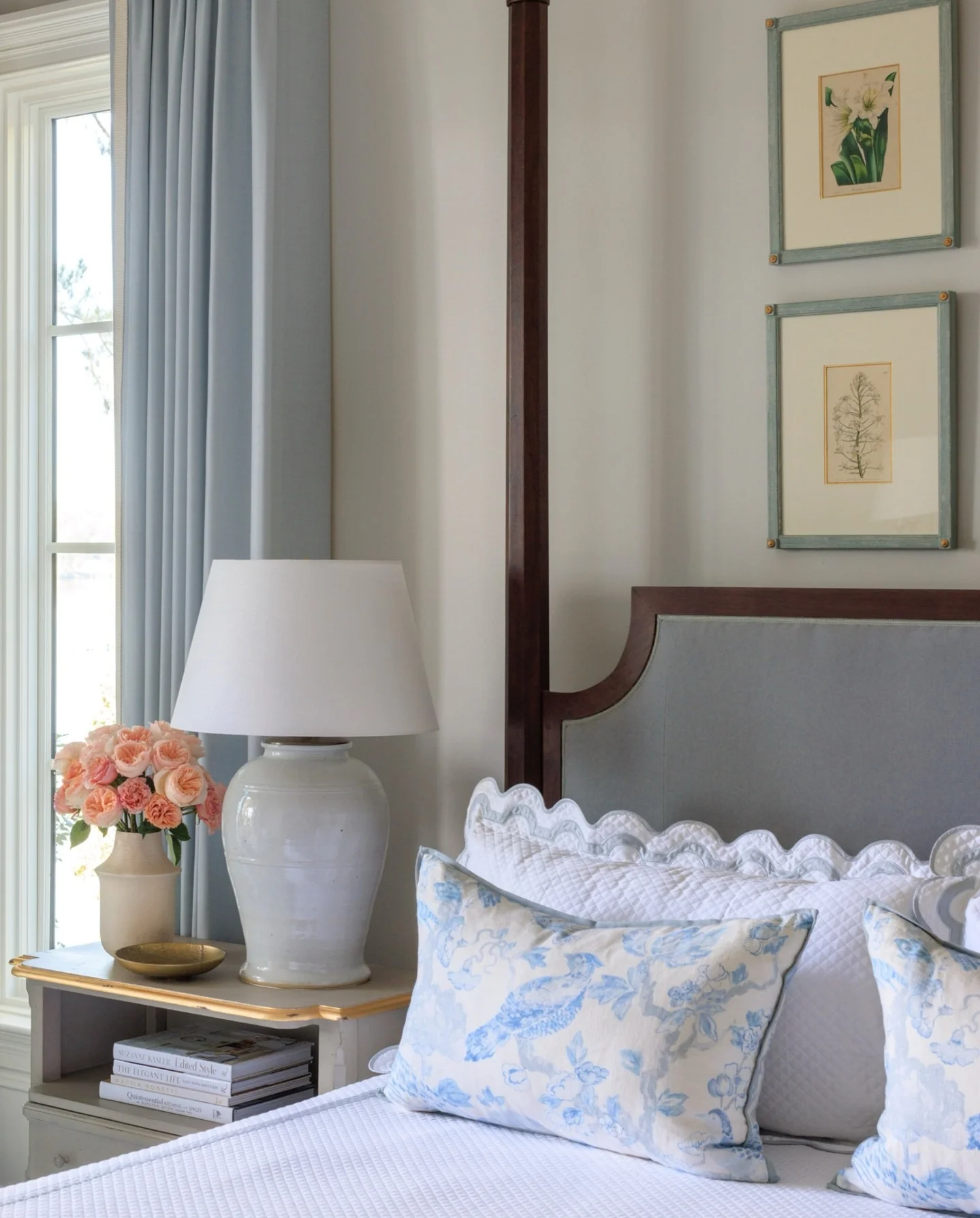 13. Classic Elegance with Blue Toile Accents (Gray and Blue Bedroom Ideas)