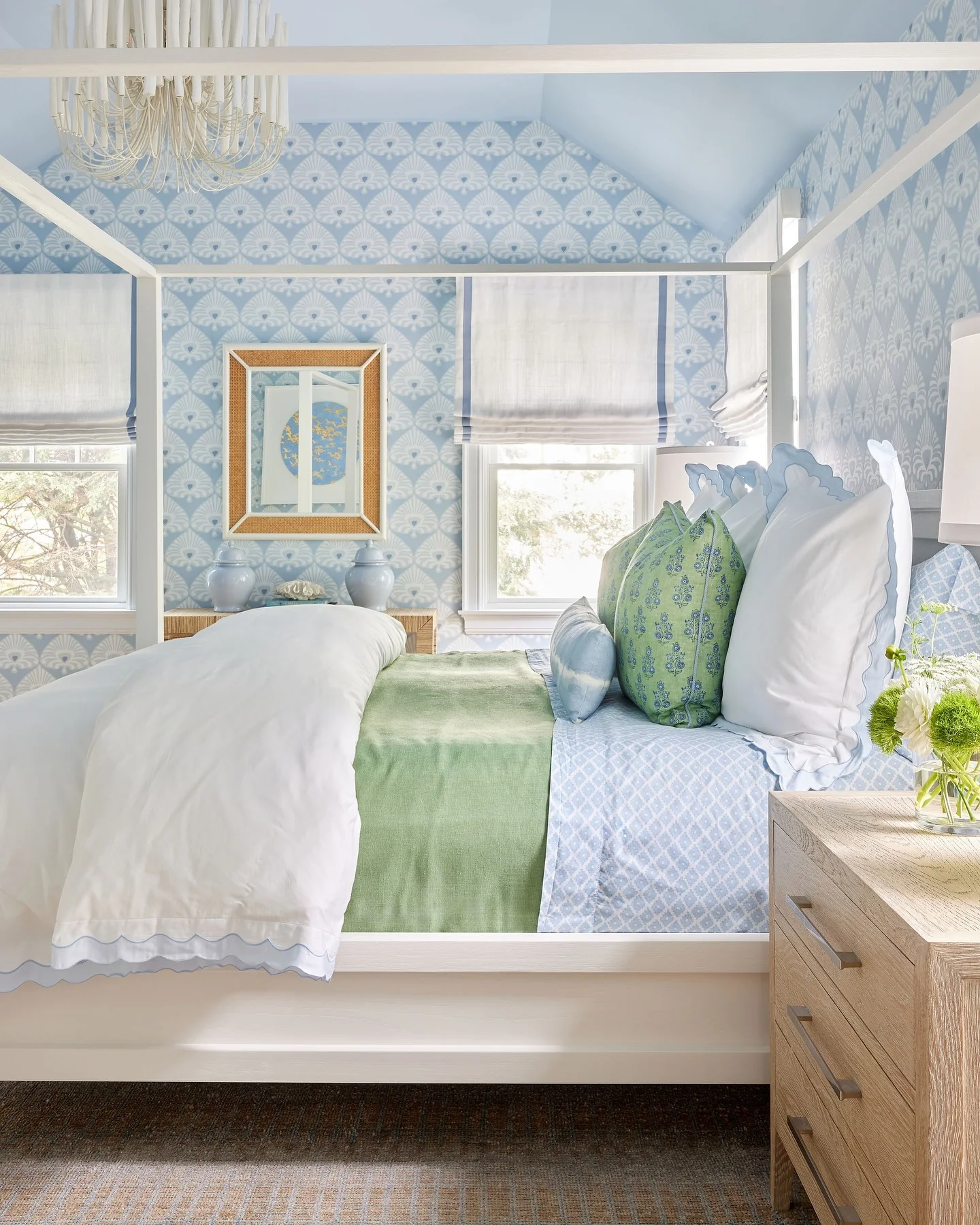 2. Sky-Inspired Comfort with Green Accents (Bedroom Ideas for Women)