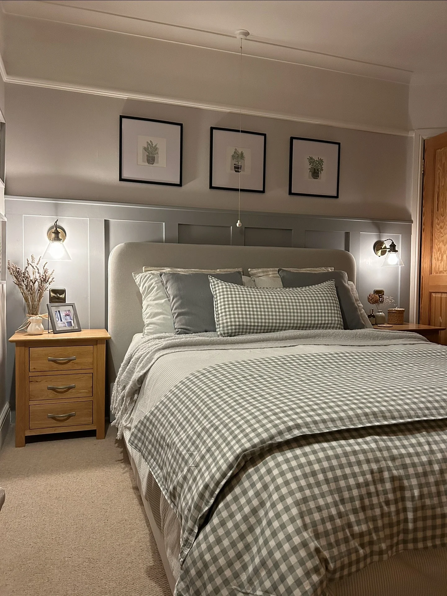 13. Gingham Comfort with Soft Gray (Bedroom Ideas for Women)