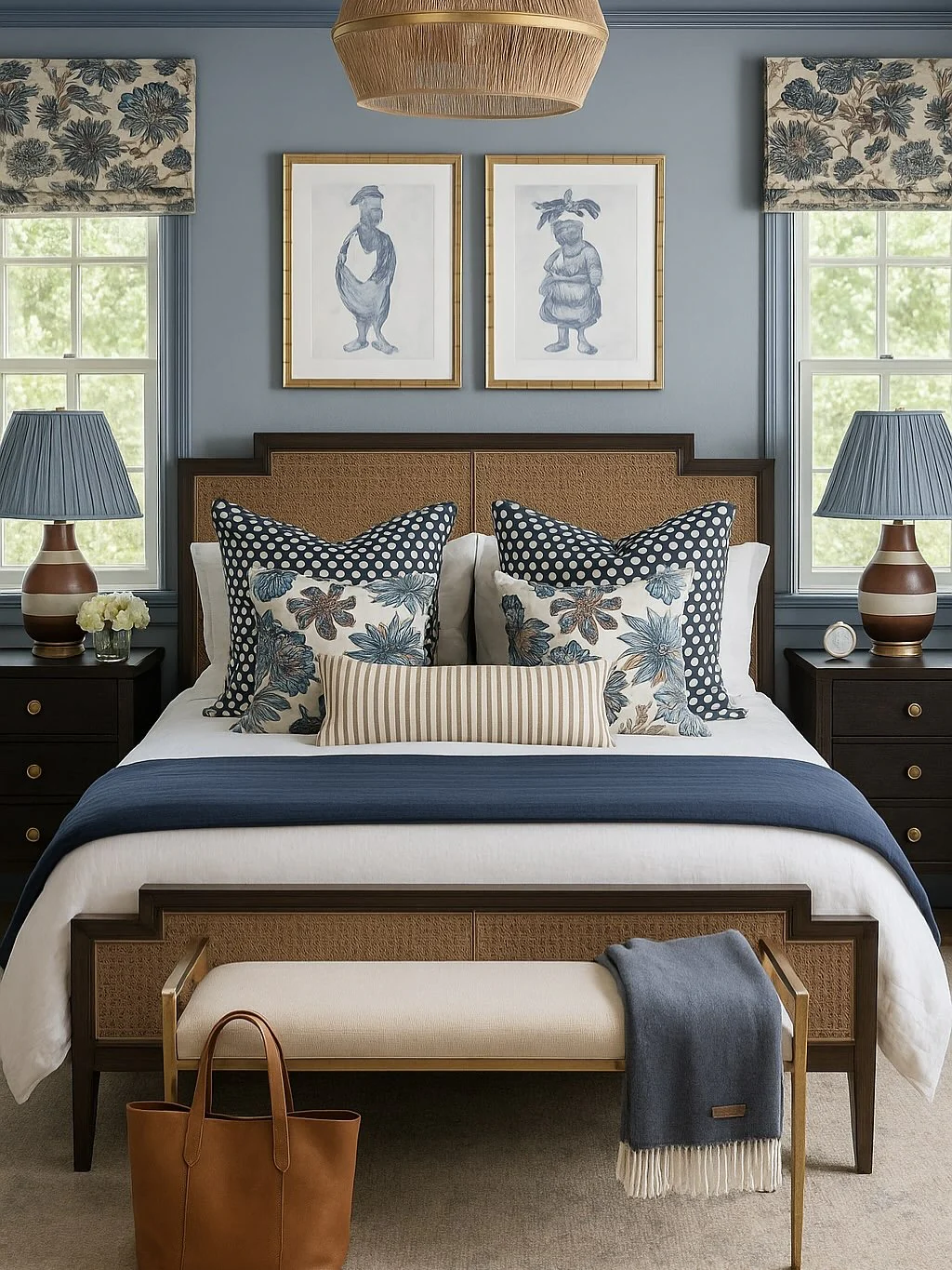 15. Classic Blue with Botanical Patterns (Bedroom Ideas for Women)