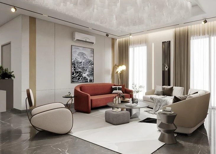 2. Modern Contrast with Sculptural Seating (Large Living Room Wall Ideas)