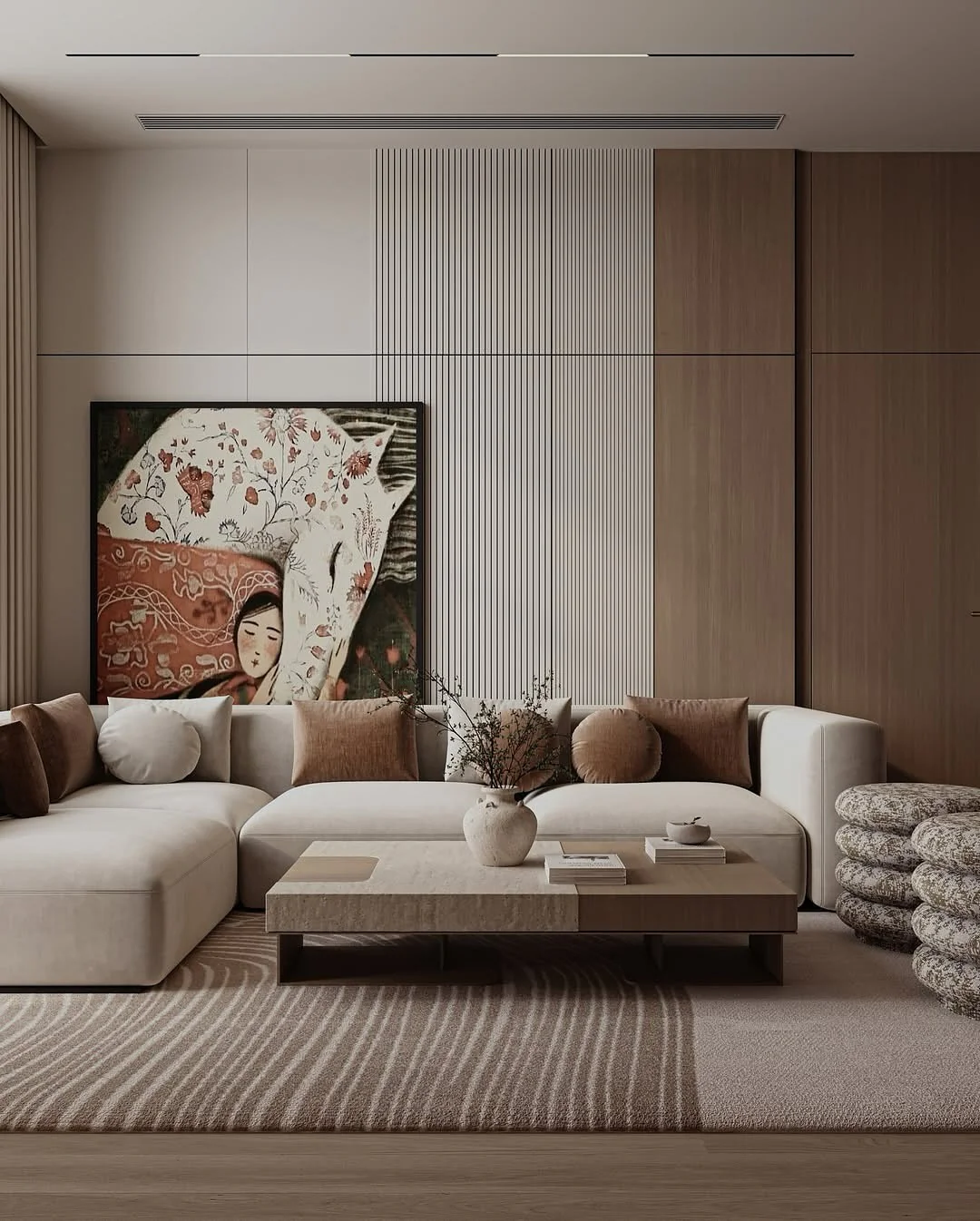 3. Warm Minimalism with Earthy Layers (Large Living Room Wall Ideas)