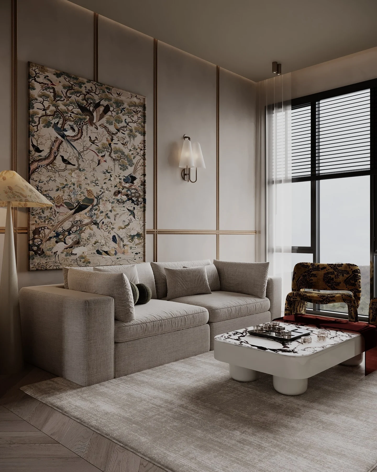 5. Textured Elegance with Nature-Inspired Art (Large Living Room Wall Ideas)