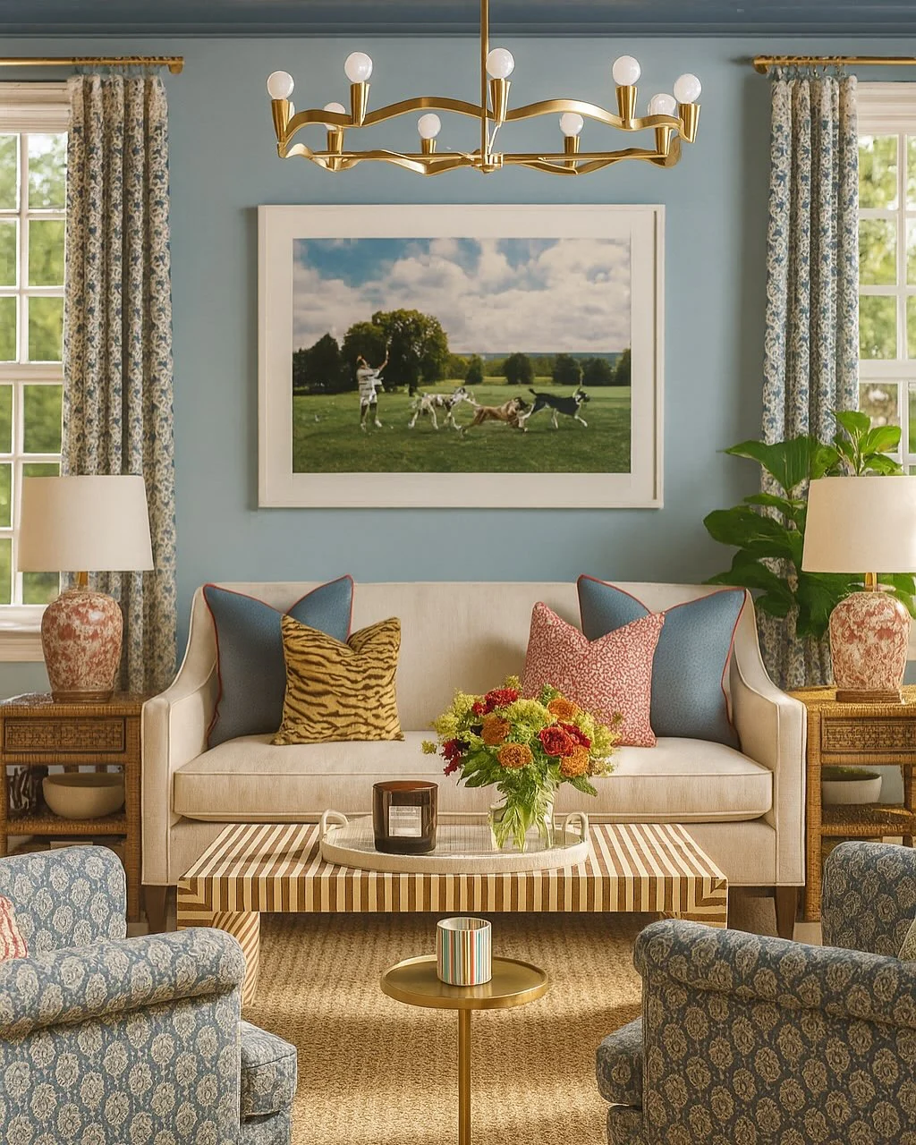 7. Classic Vibrance with Pattern Play (Large Living Room Wall Ideas)