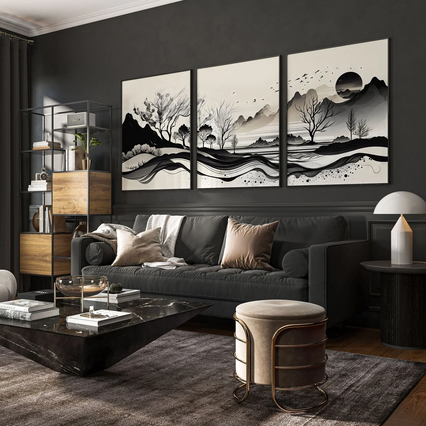10. Monochrome Landscape with Modern Edge (Large Living Room Wall Ideas)