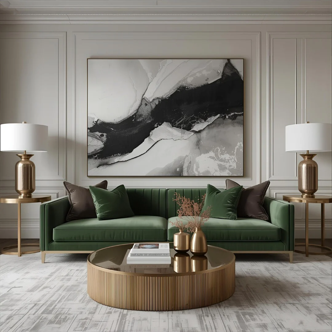 11. Modern Luxe with Emerald and Gold Accents (Large Living Room Wall Ideas)