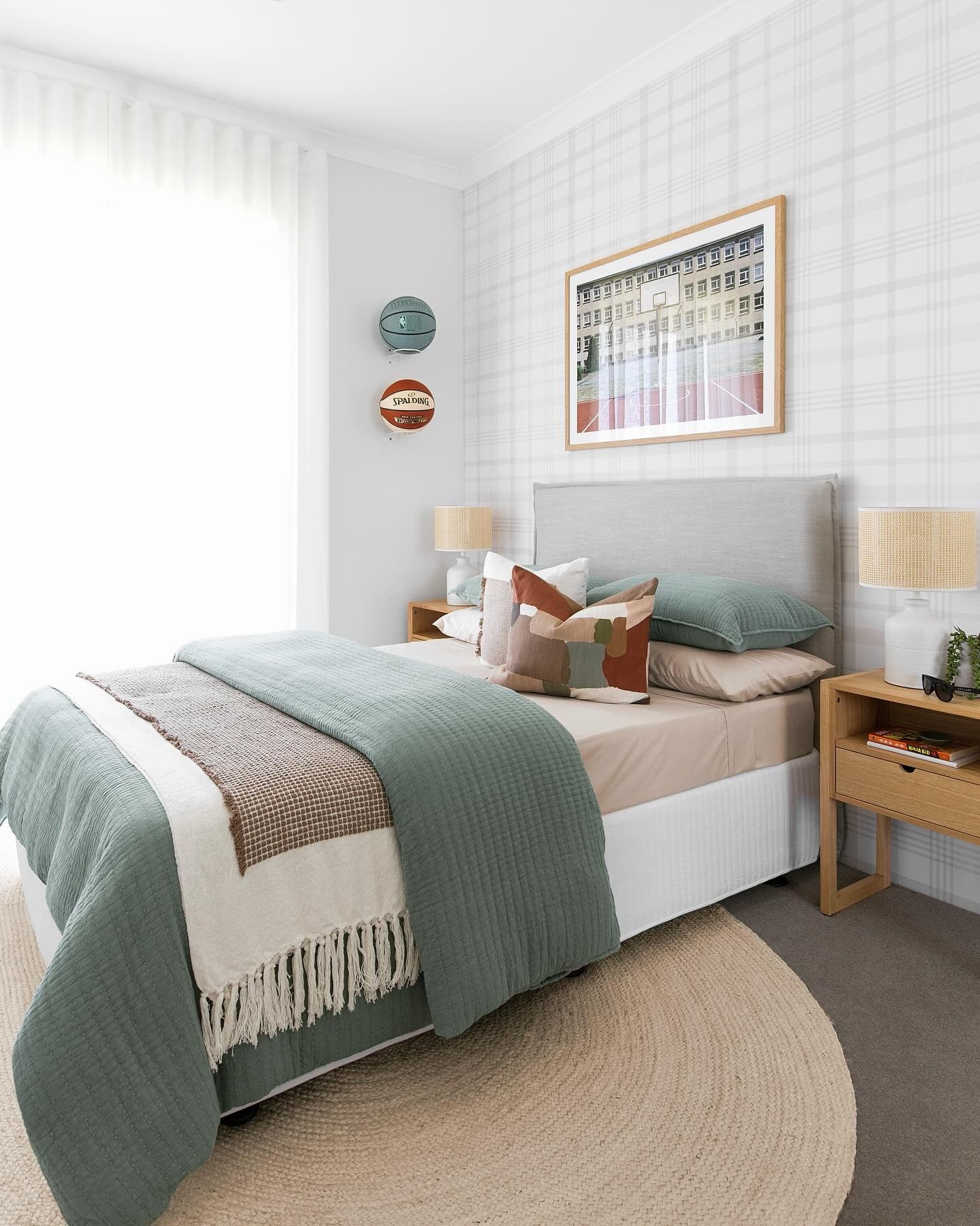 2. Contemporary Basketball Chic with Soft Neutrals (Basketball Bedroom Ideas)