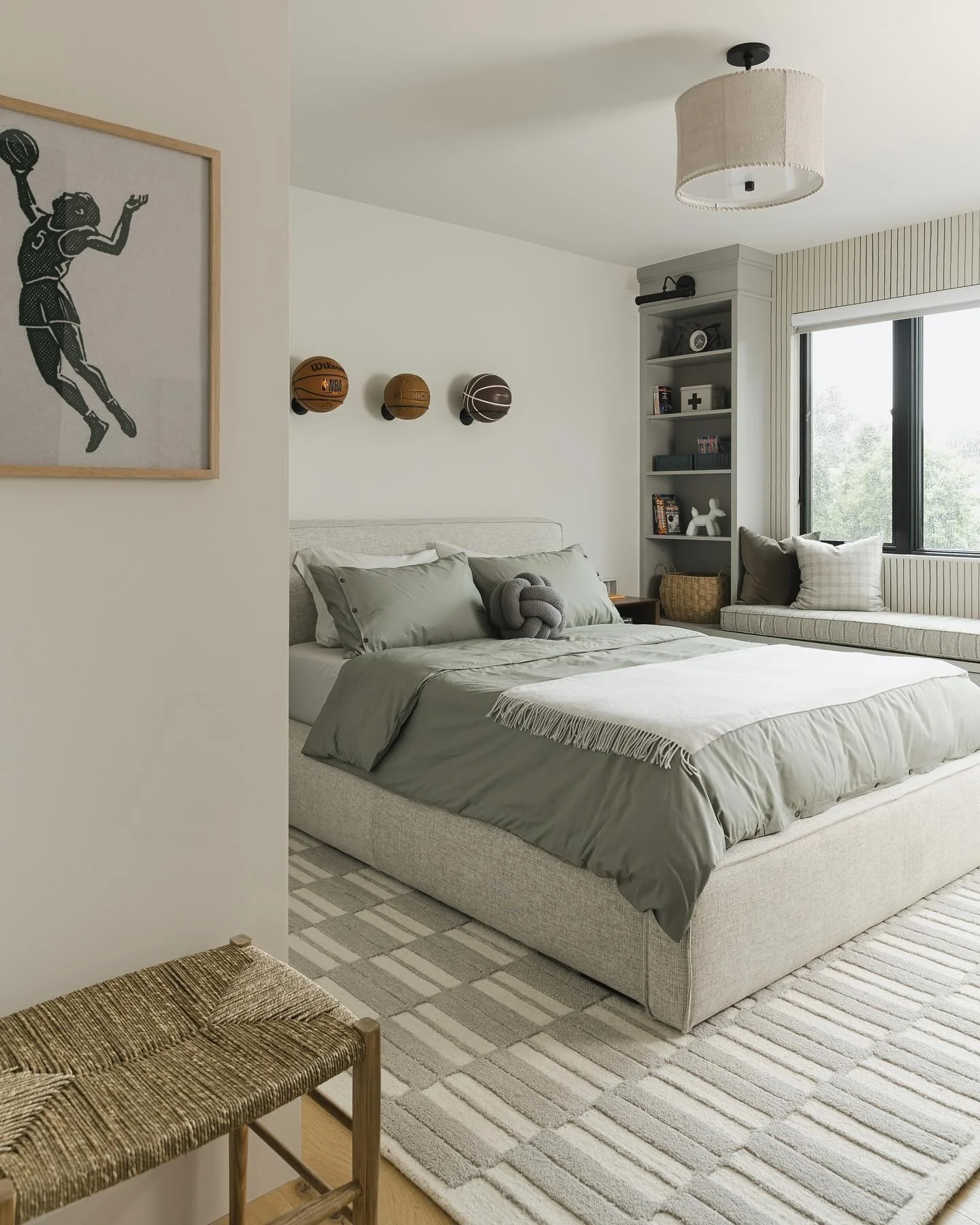 14. Soft Green Basketball Display with Built-In Storage (Basketball Bedroom Ideas)