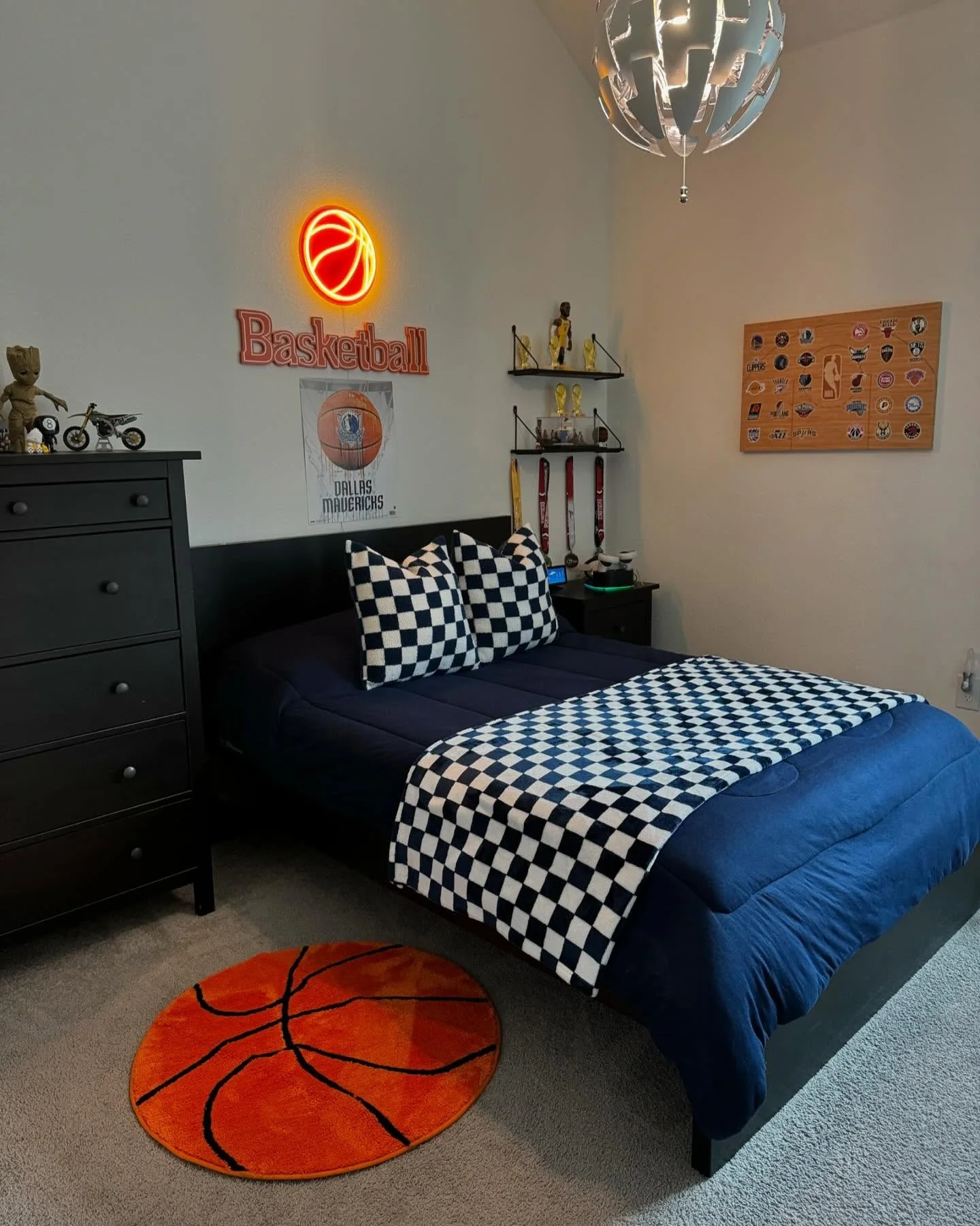 11. Neon Basketball Glow with Navy Accents (Basketball Bedroom Ideas)