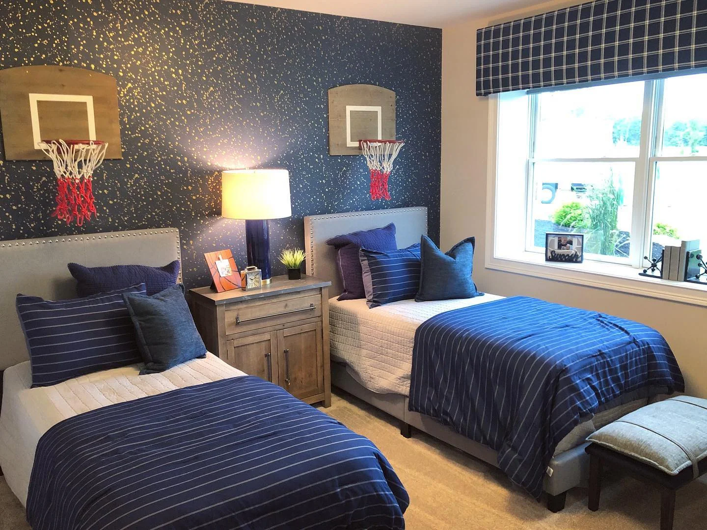 9. Double Court Style with Bold Blue Accents (Basketball Bedroom Ideas)