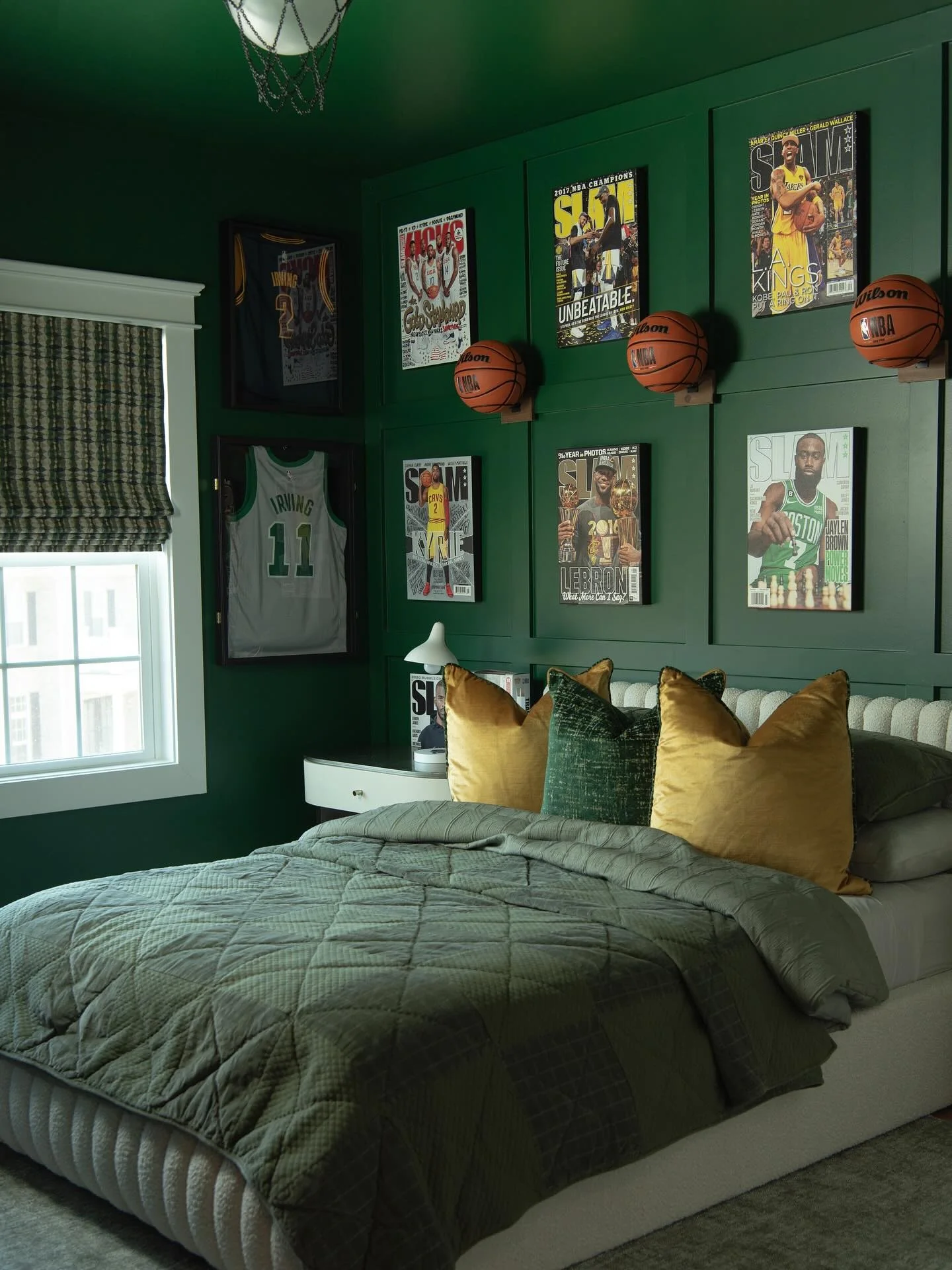 15. Bold Green Basketball Wall with Sports Memorabilia (Basketball Bedroom Ideas)
