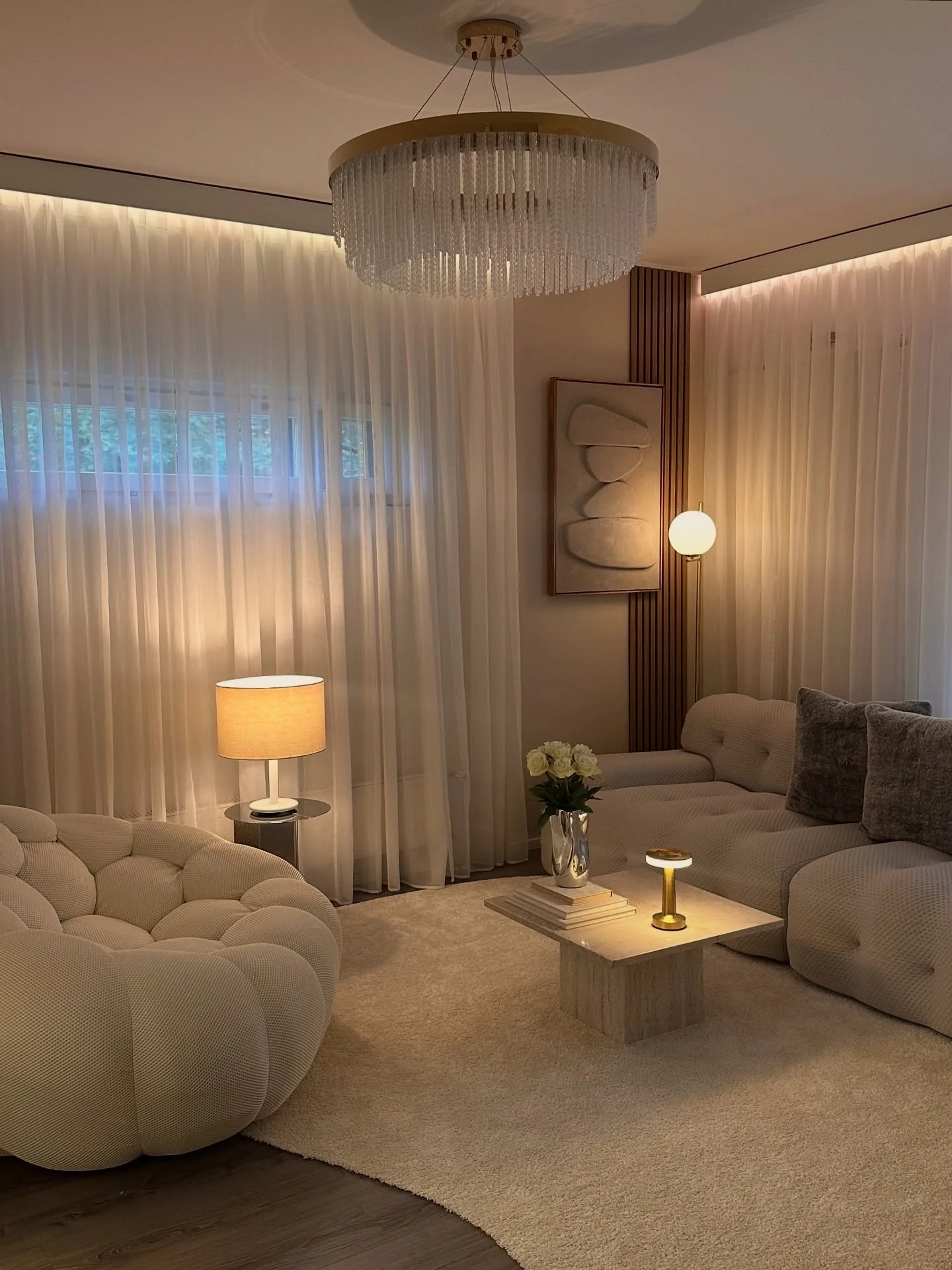3. Contemporary Elegance with Luxe Lighting (Condo Living Room Ideas)