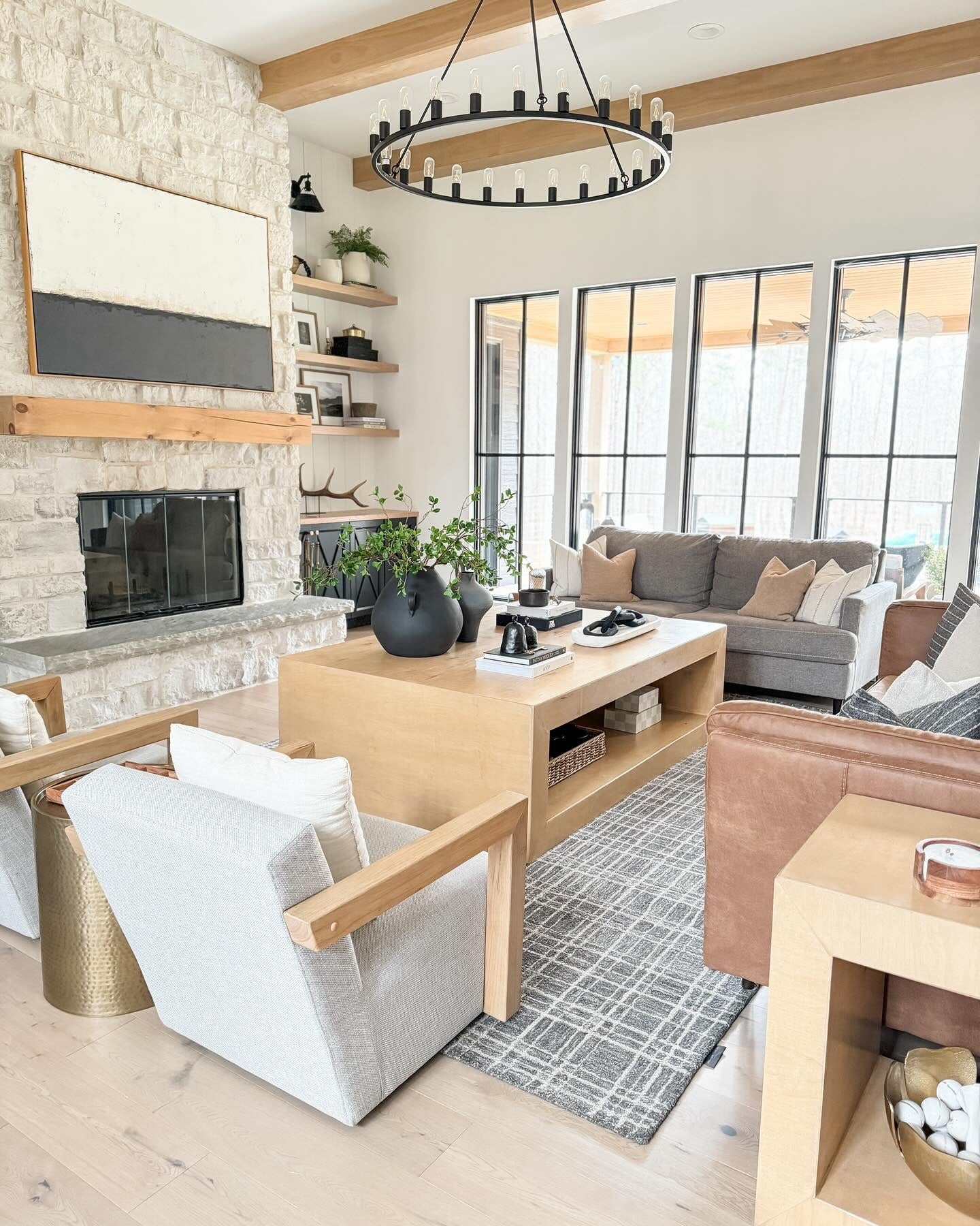 8. Refined Rustic with Stone Details (Open Concept Living Room Ideas)