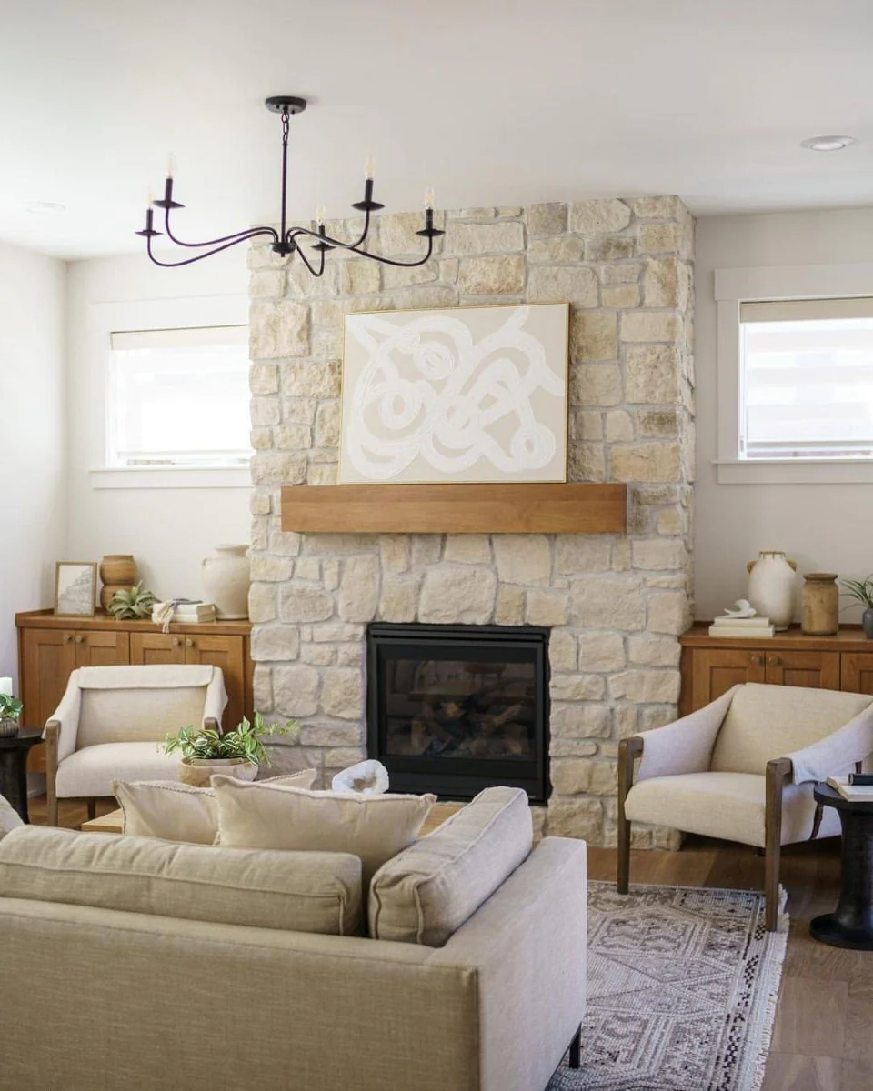 10. Warm Stone Fireplace with Minimalist Mantel (Fireplace Living Room Ideas)