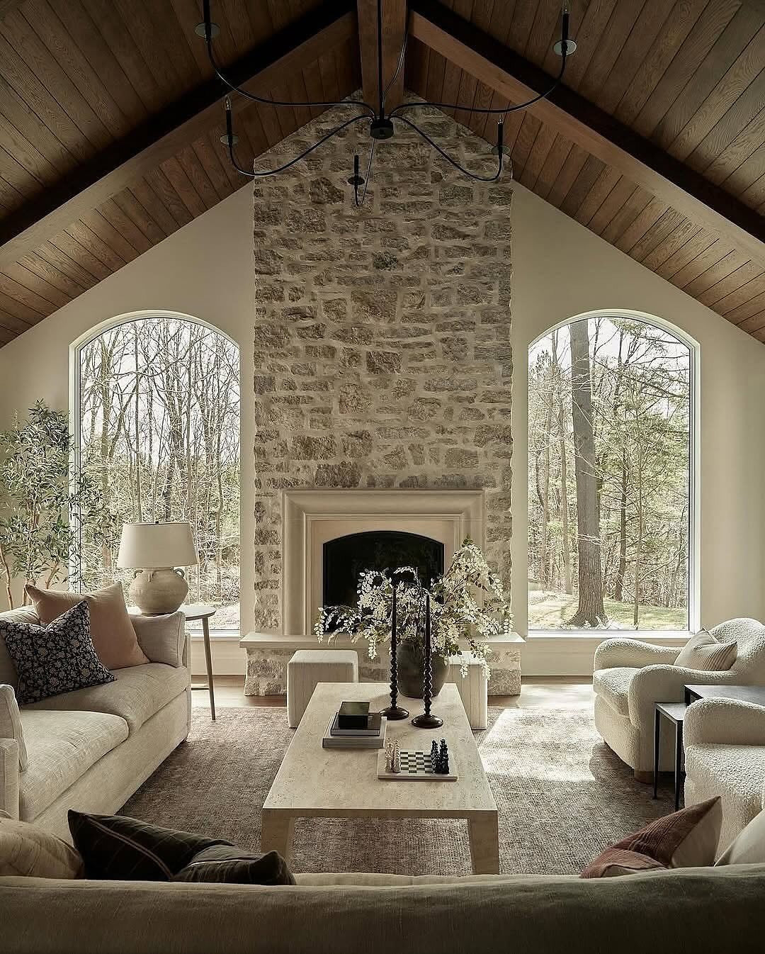 6. Grand Stone Fireplace with Cathedral Ceiling (Fireplace Living Room Ideas)