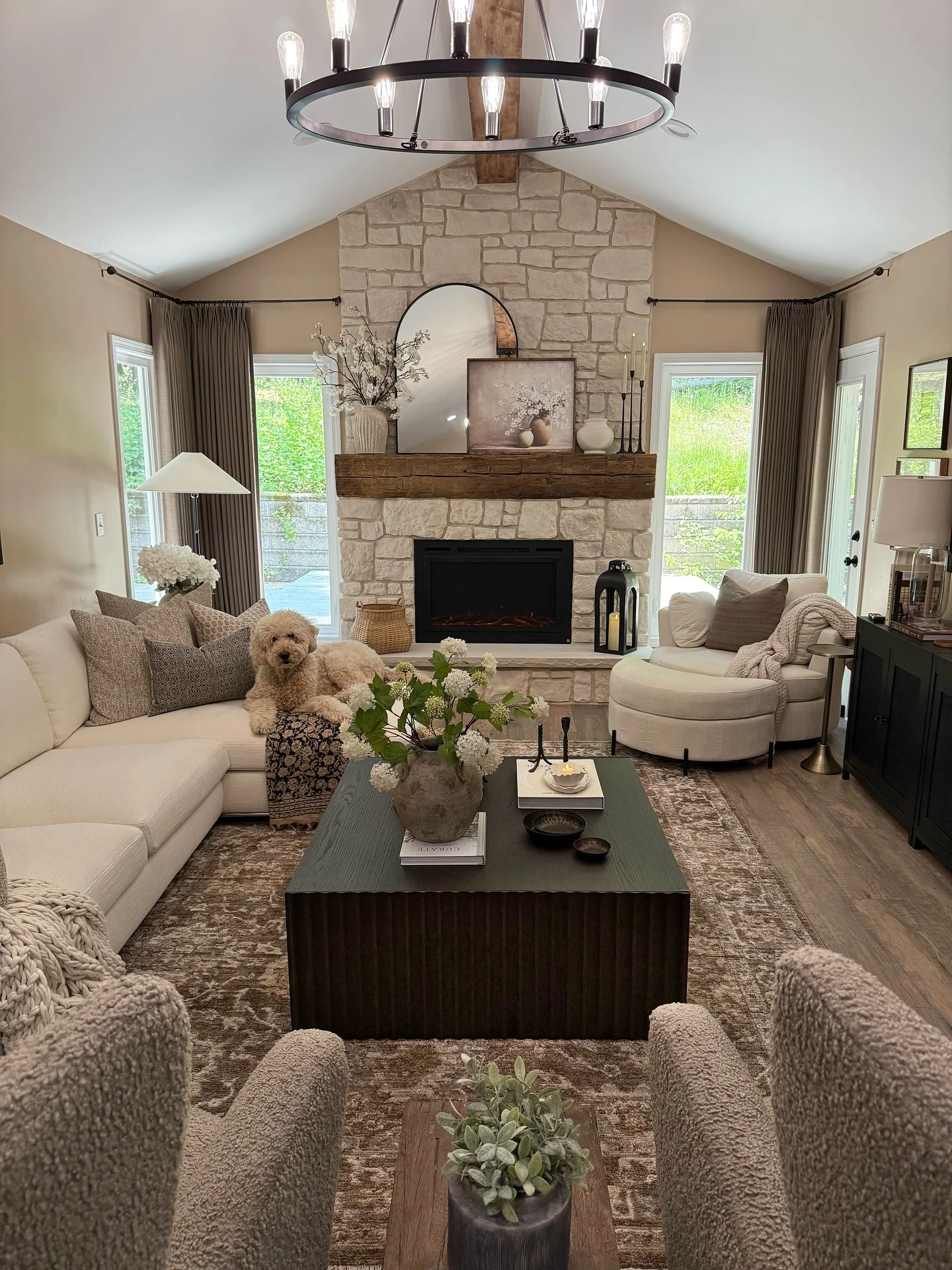 14. Rustic Stone Fireplace with Modern Farmhouse Style (Fireplace Living Room Ideas)