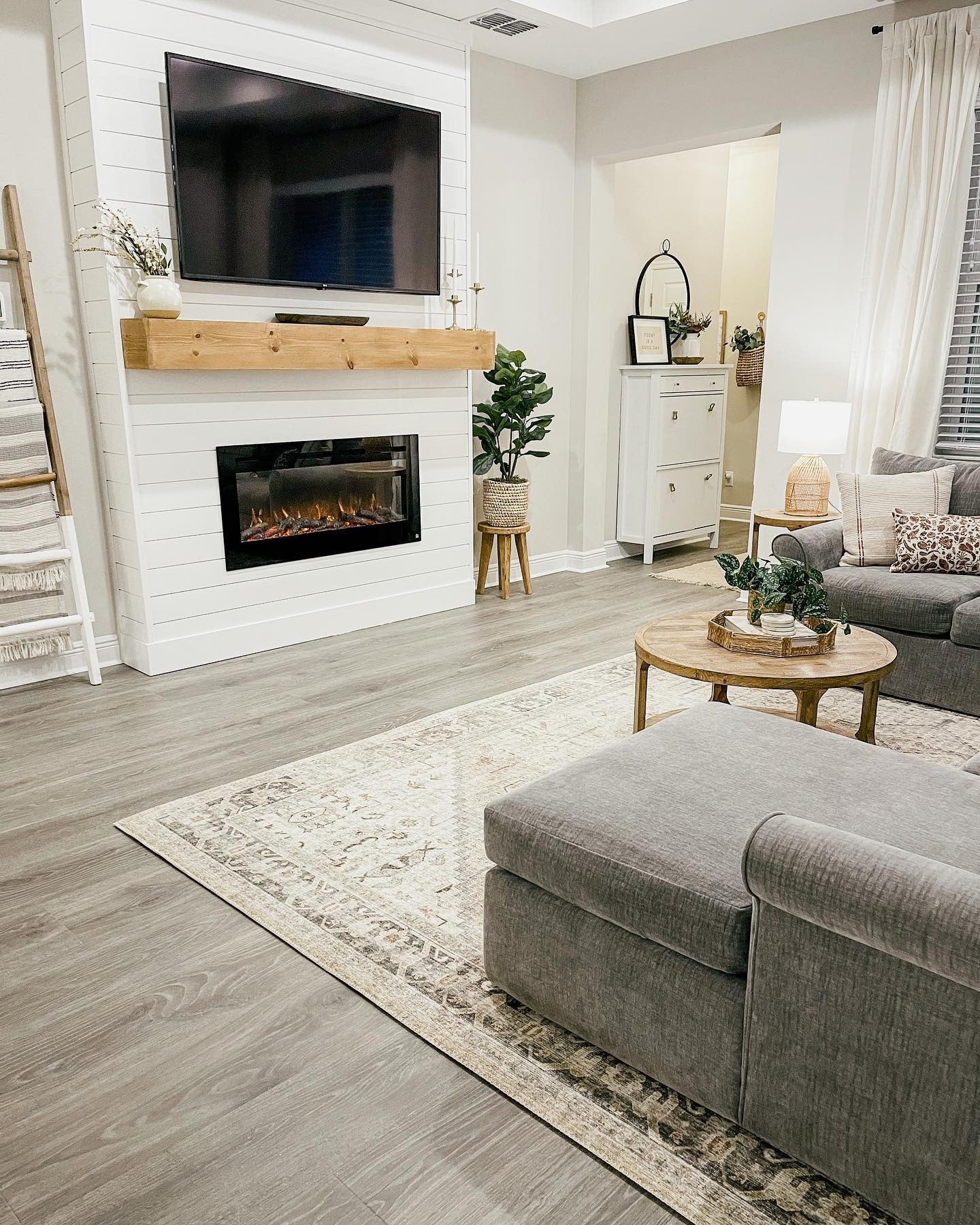15. Shiplap Fireplace with Natural Wood Mantel (Fireplace Living Room Ideas)