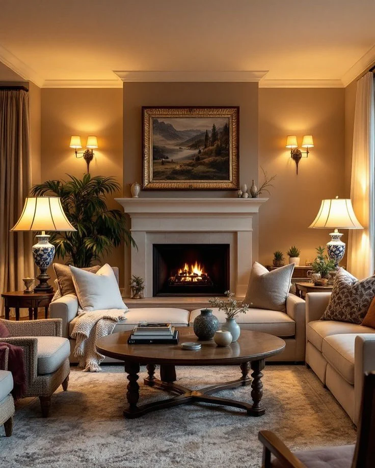 12. Traditional Warm-Toned Fireplace with Ambient Lighting (Fireplace Living Room Ideas)