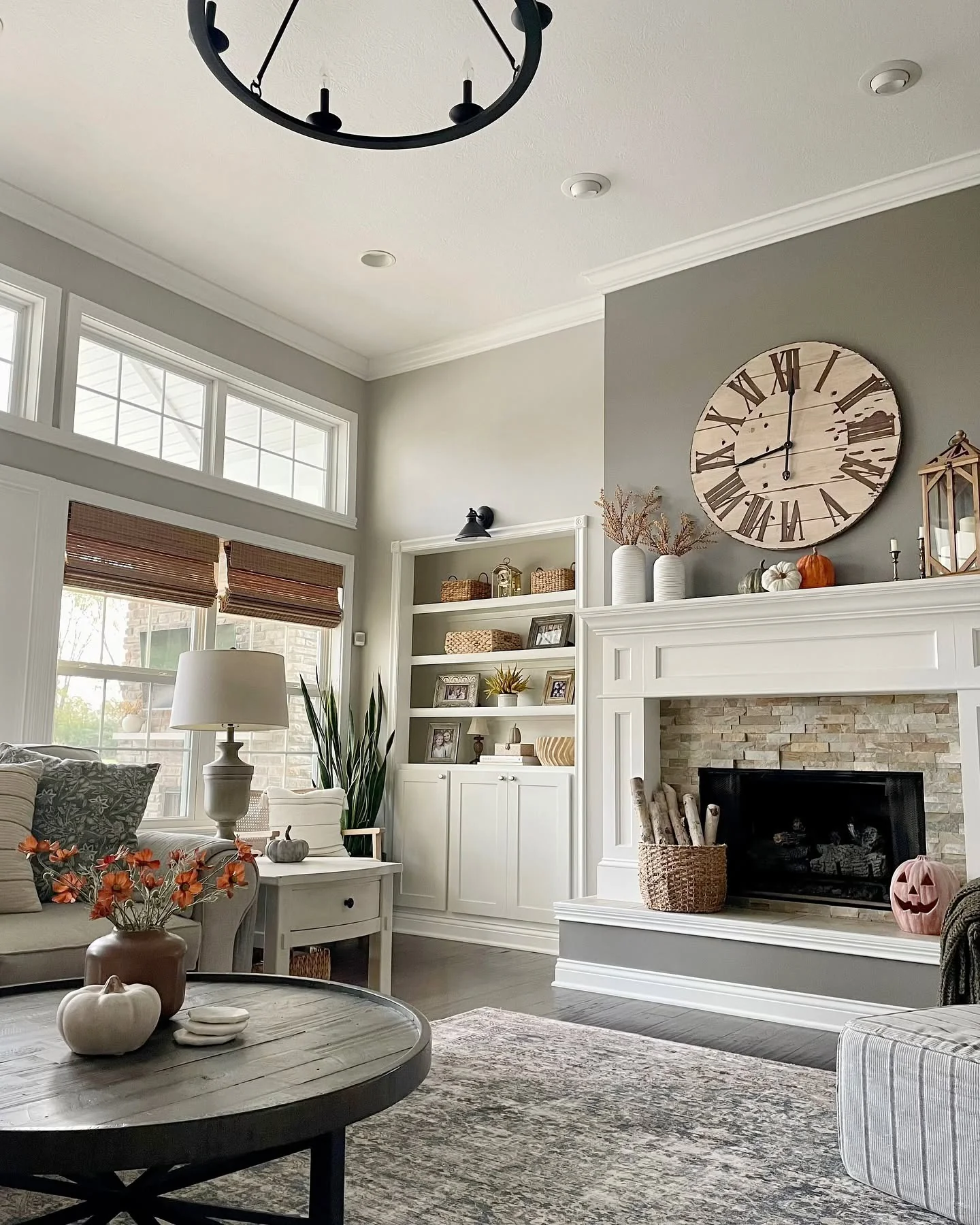 11. Classic Gray Fireplace with Oversized Clock Accent (Fireplace Living Room Ideas)