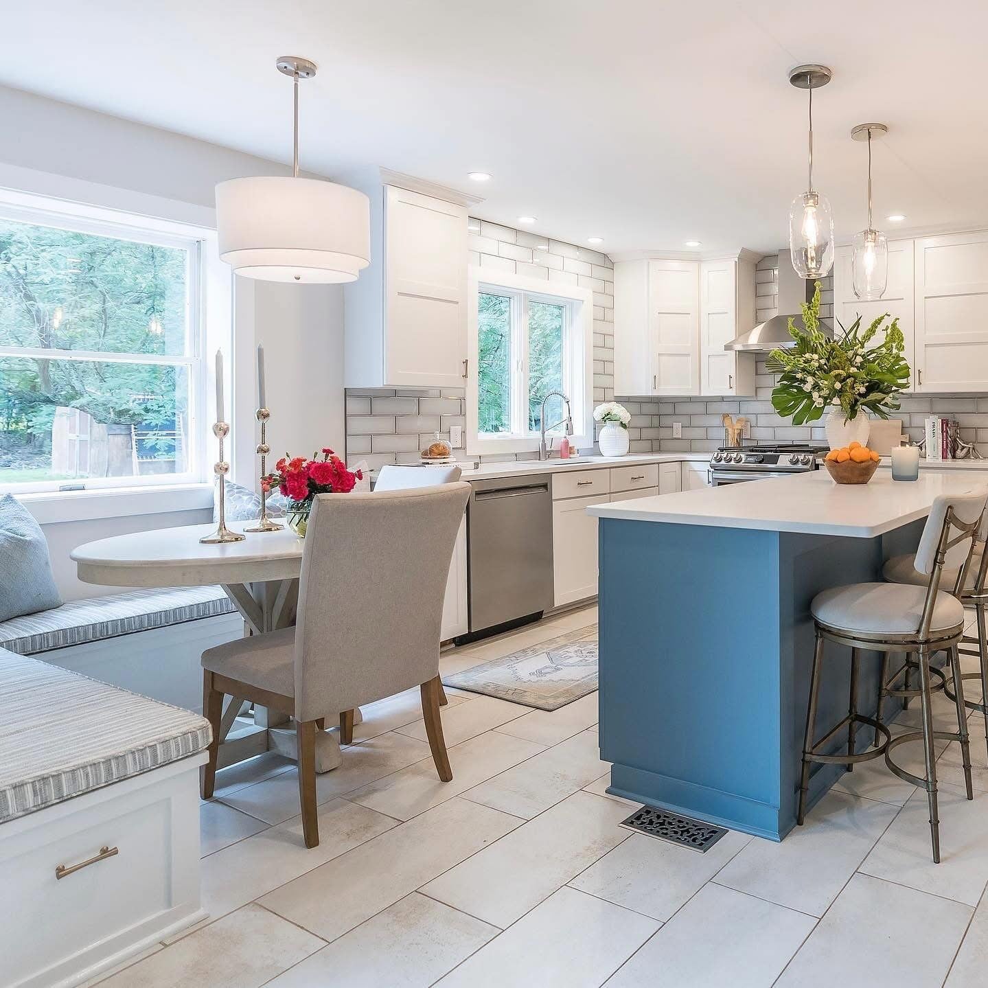 8. Coastal Charm with a Pop of Blue (White Kitchen Floor Ideas)