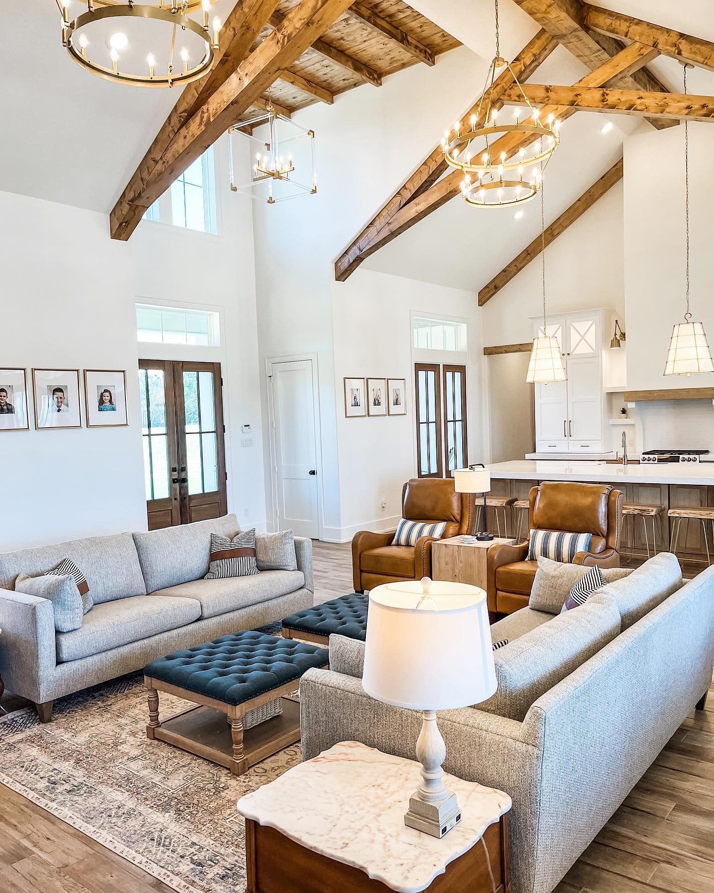 2. Rustic Elegance with Exposed Beams (Living Room Chandelier Ideas)