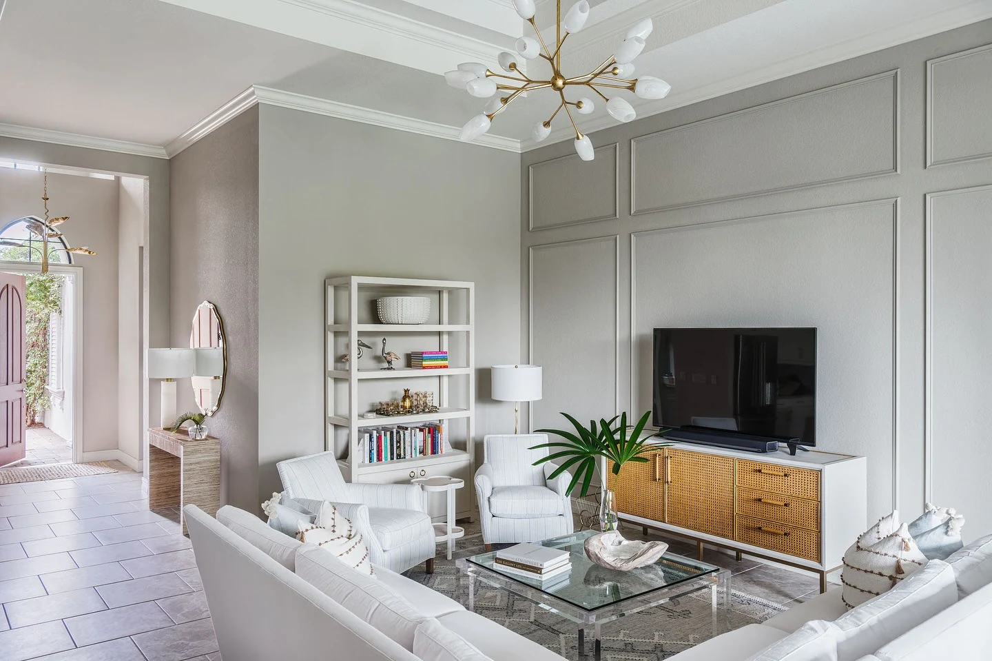 5. Refined Minimalism in White and Natural Accents (Living Room Chandelier Ideas)