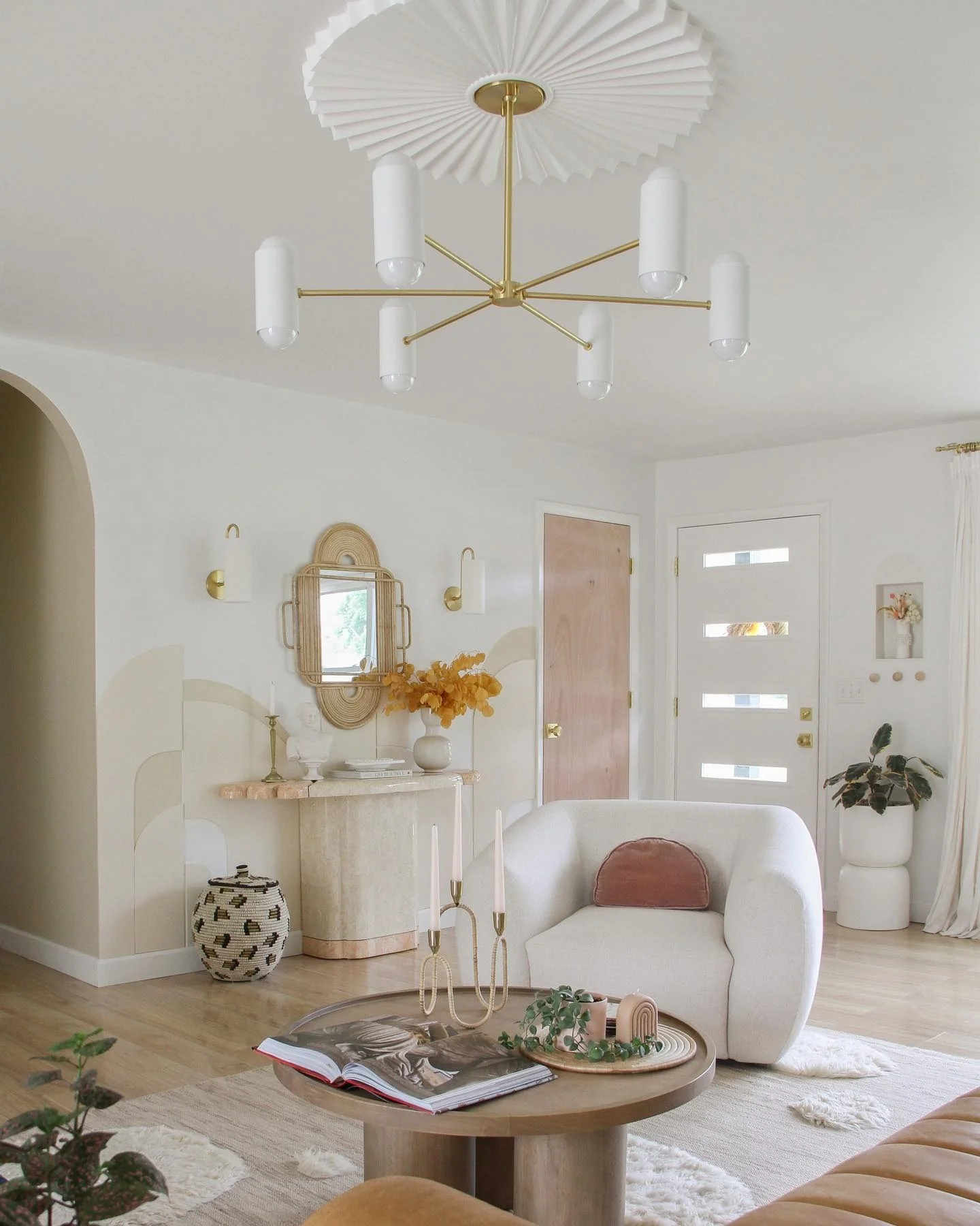 7. Soft Contemporary Neutrals with Sculptural Lighting (Living Room Chandelier Ideas)