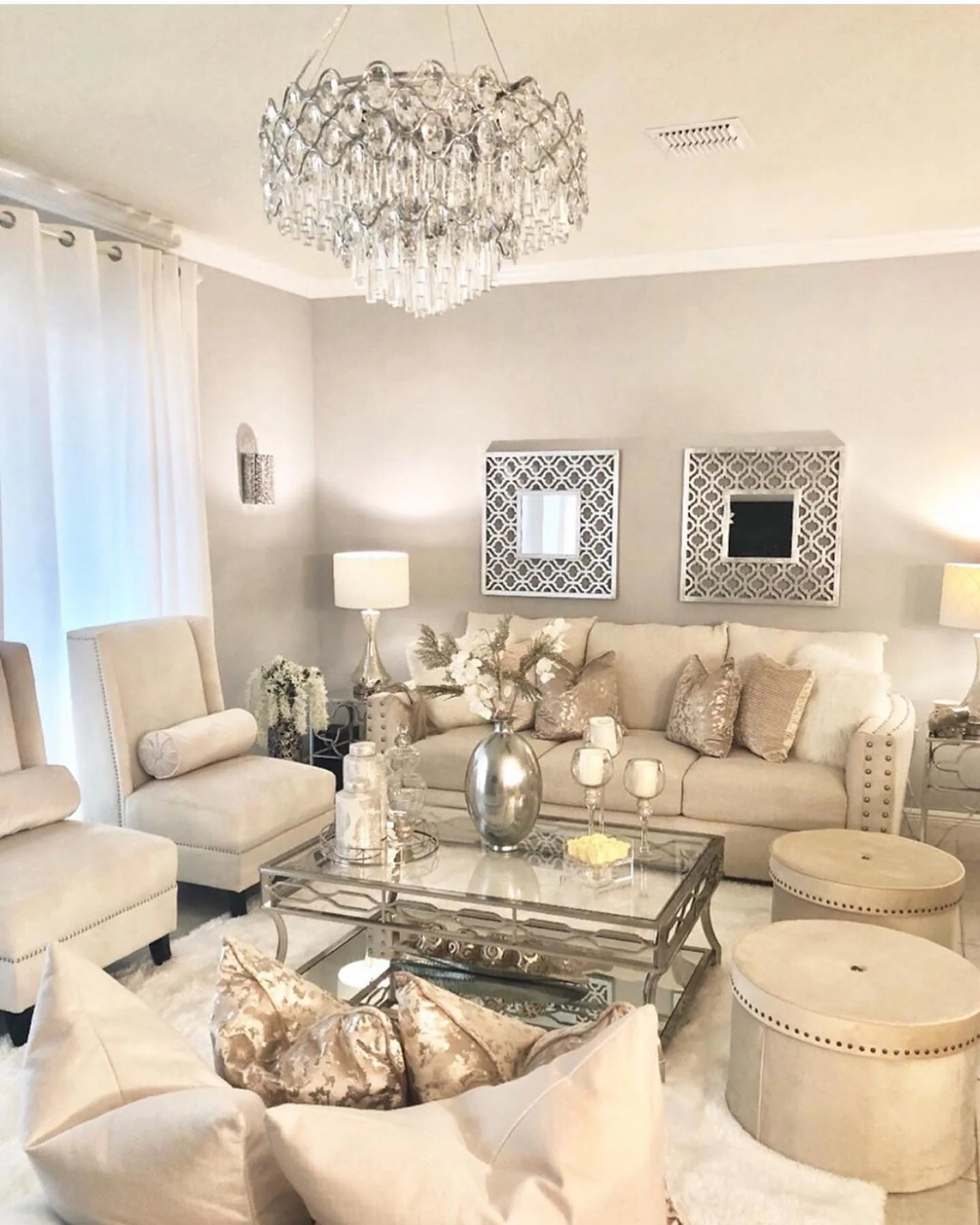 15. Luxe Neutrals with Crystal Sparkle (Living Room Chandelier Ideas)