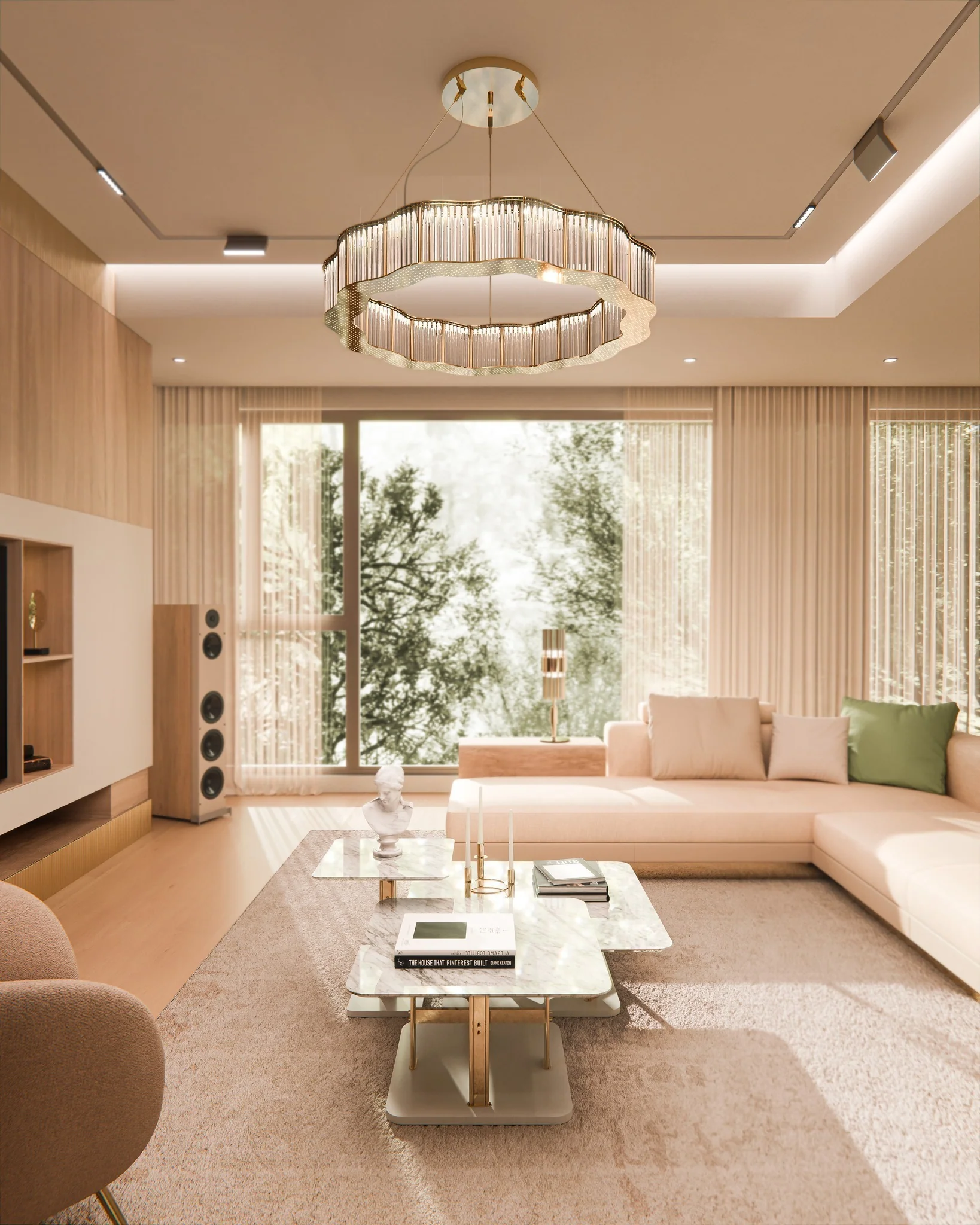 14. Modern Elegance with Soft Gold Lighting (Living Room Chandelier Ideas)