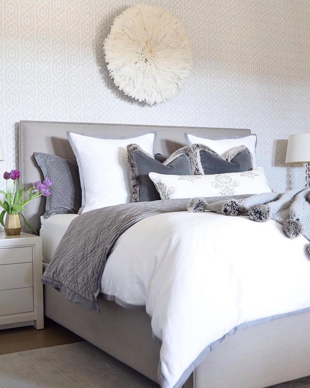 11. Soft Geometry with Layered Grays (Grayscale Bedroom Ideas)