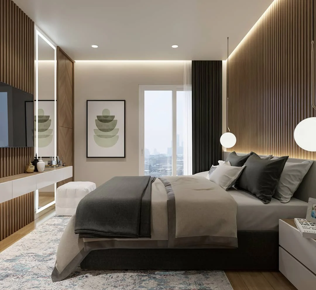 2. Modern Warmth with Wood Accents (Apartment Bedroom Ideas)