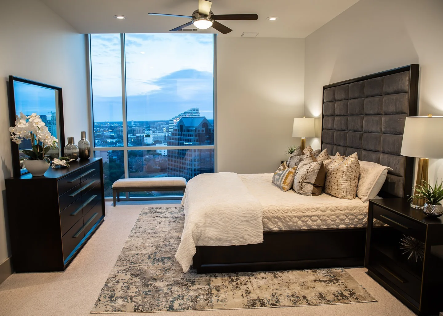 10. Polished Comfort with Neutral Glam (Apartment Bedroom Ideas)