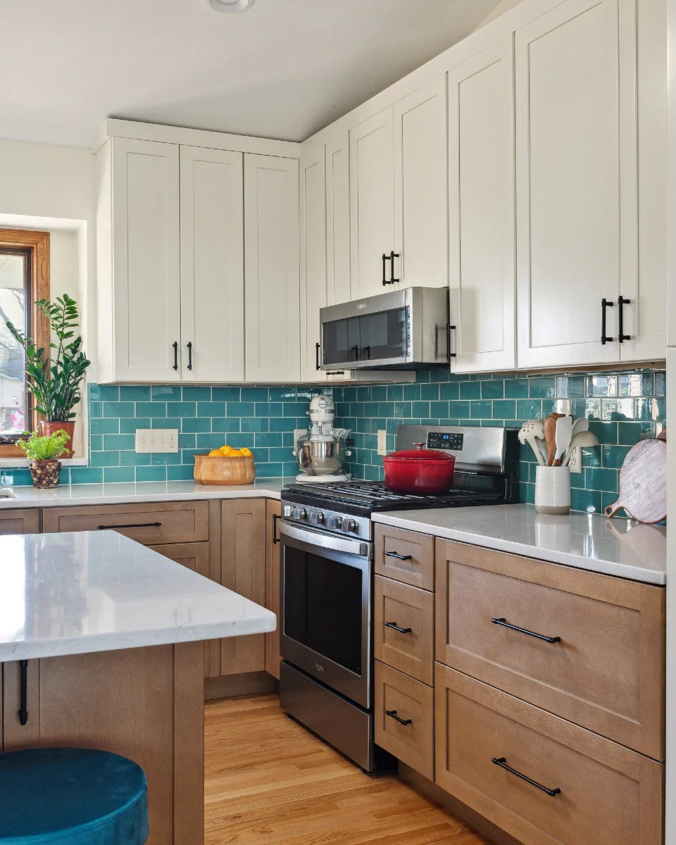 8. Fresh Aqua with Natural Wood (Kitchen Backsplash Ideas)