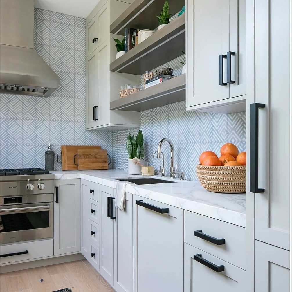 10. Soft Blue Pattern with White Cabinets (Kitchen Backsplash Ideas)