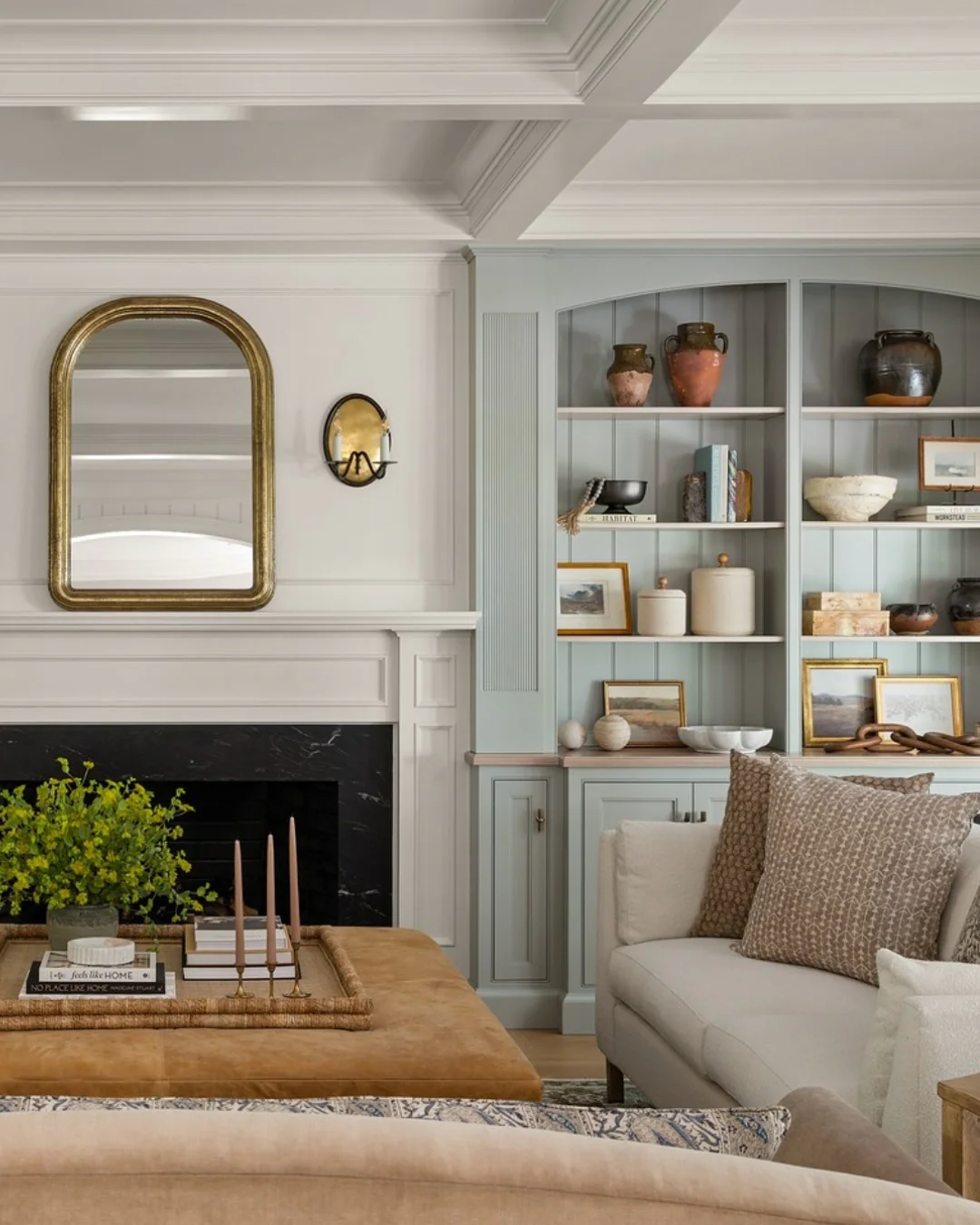 5. Transitional Living with Built-In Character (Basement Living Room Ideas)