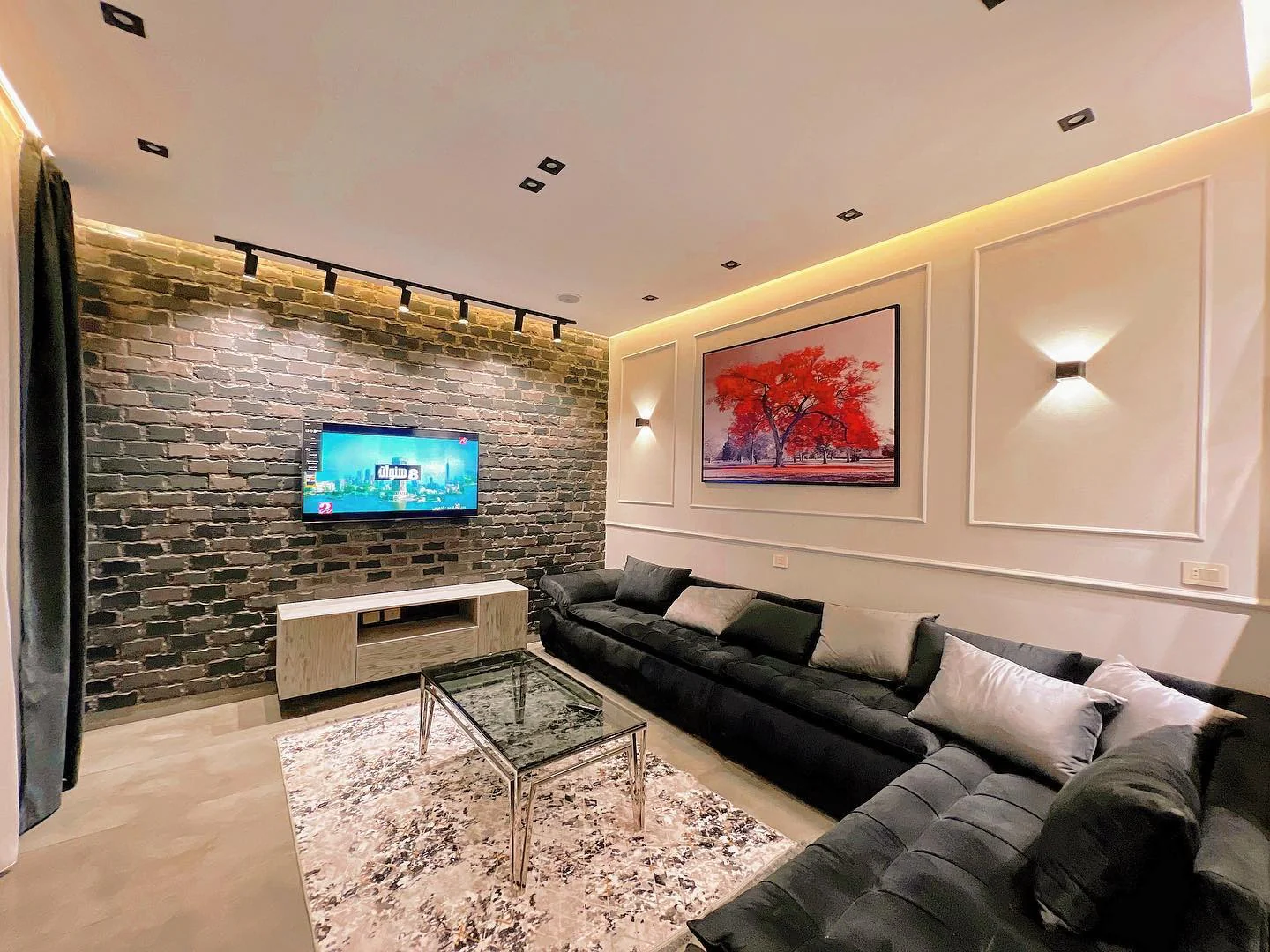 8. Industrial Chic with Dramatic Walls (Basement Living Room Ideas)