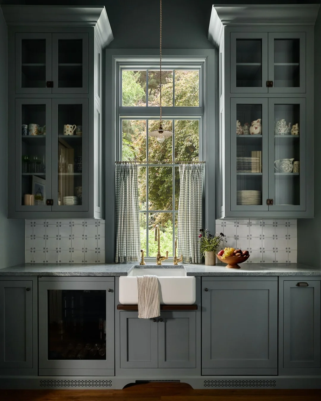 8. Moody Slate Blue with Patterned Tile (Kitchen Cabinet Paint Ideas)