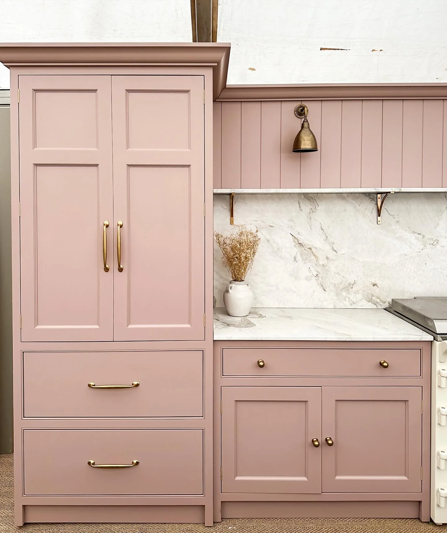 11. Blush Pink with Brass Highlights (Kitchen Cabinet Paint Ideas)