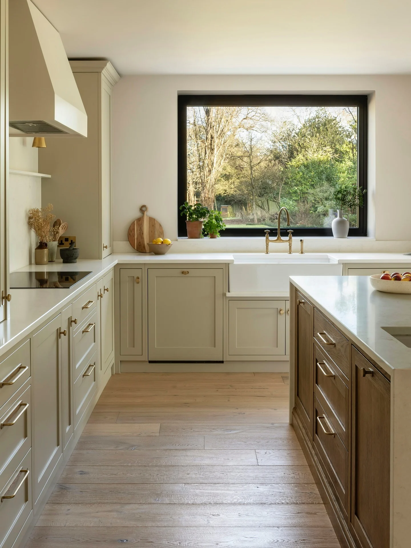 12. Greige Cabinets with Wood Island Contrast (Kitchen Cabinet Paint Ideas)