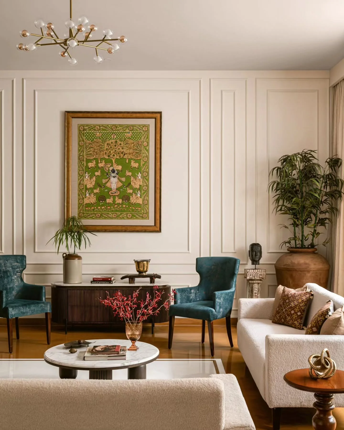 12. Contemporary Indian Elegance with Artistic Detailing (Indian Style Living Room Ideas)