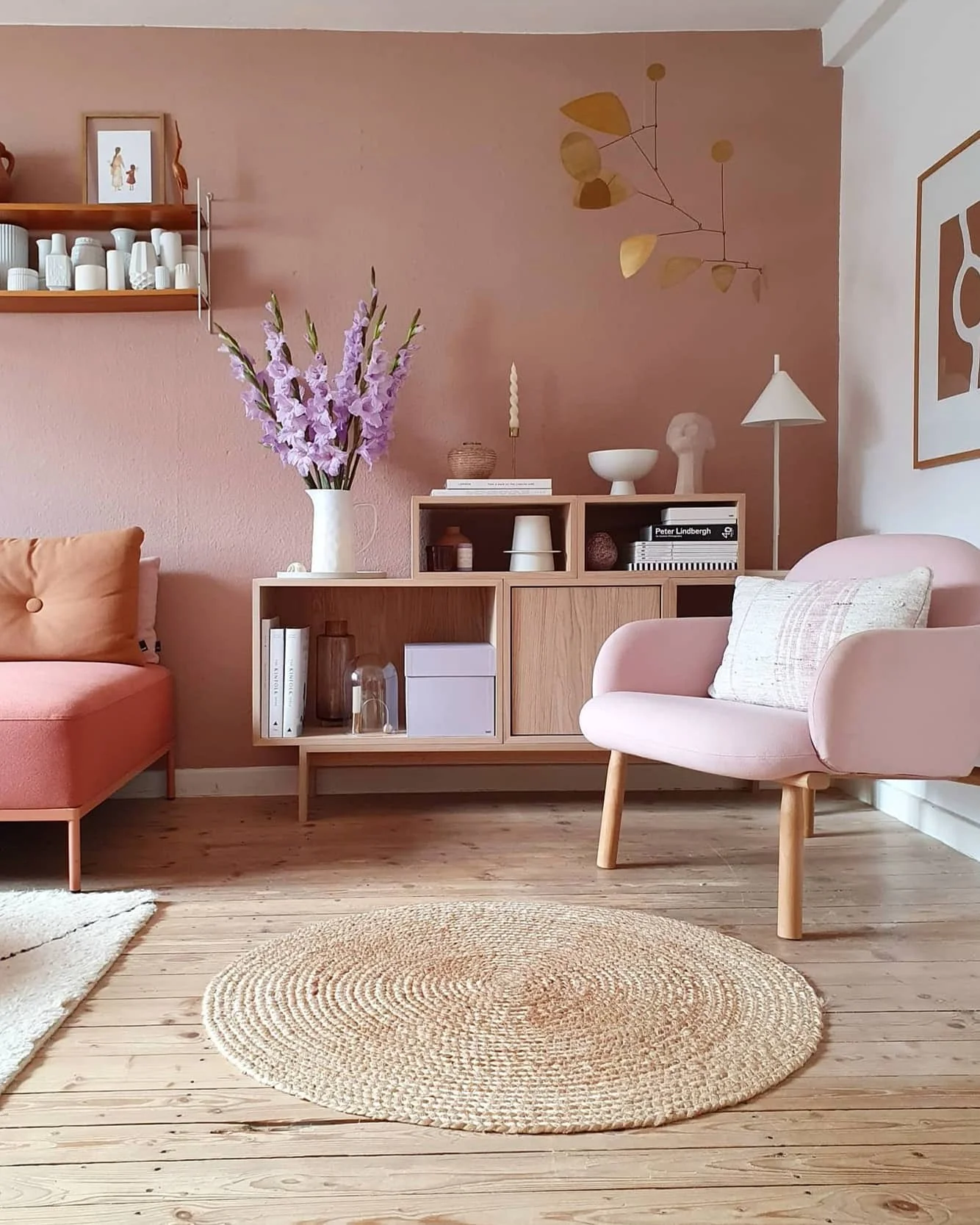 5. Soft Blush Modernity (Living Room Corner Ideas)