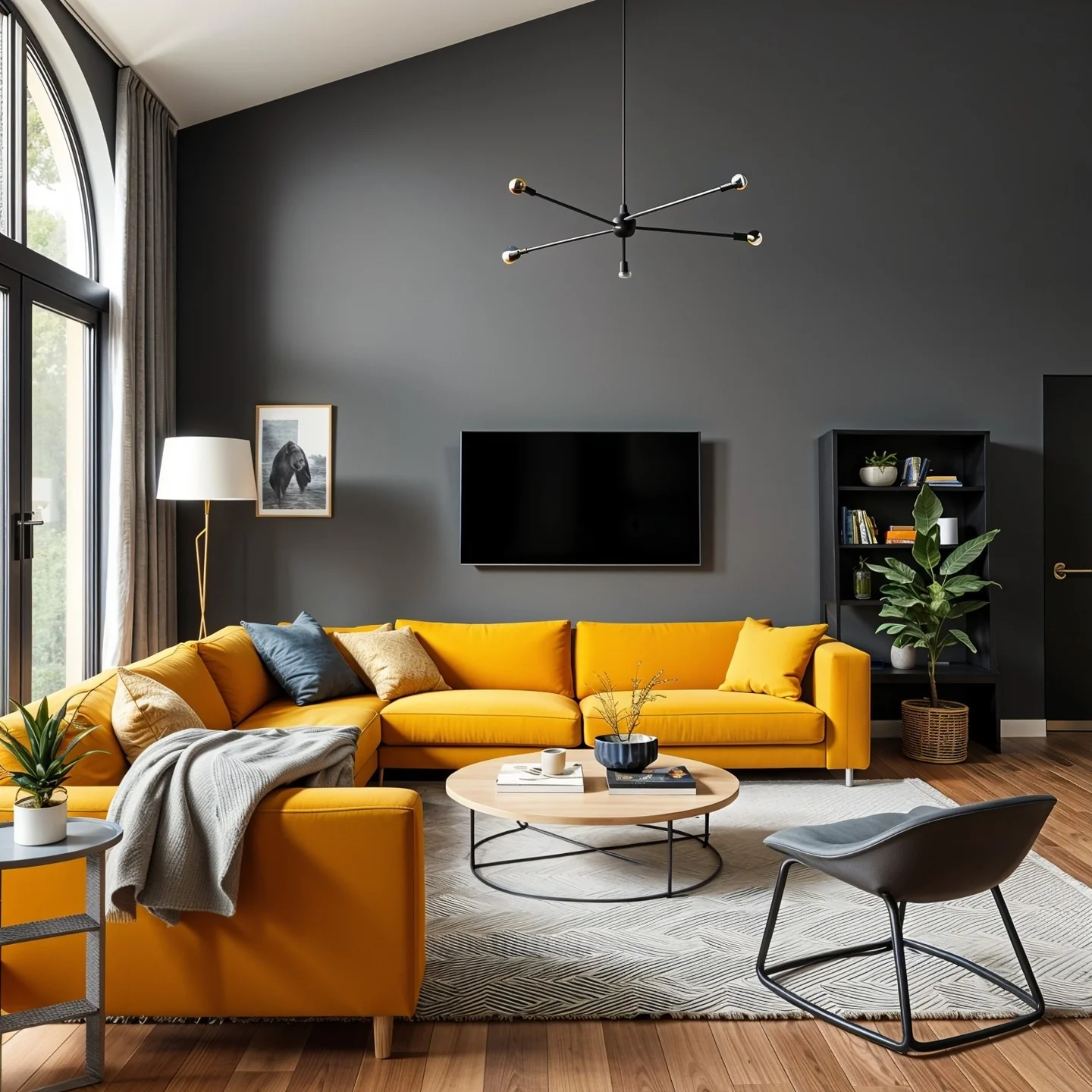 3. Bold Contrast with Charcoal and Mustard (Paint Ideas for Living Room)
