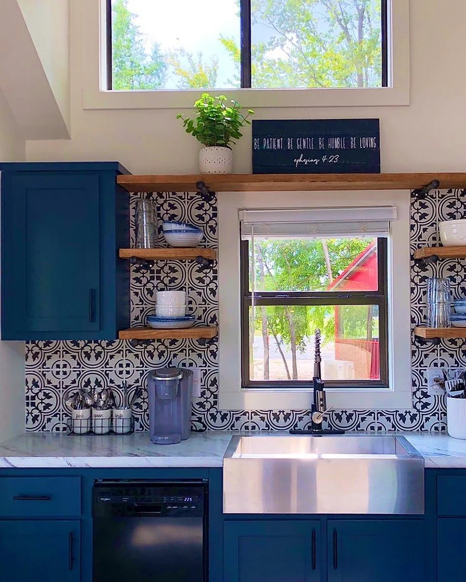 2. Navy and Patterned Tile Kitchen with Farmhouse Flair (Tiny House Kitchen Ideas)