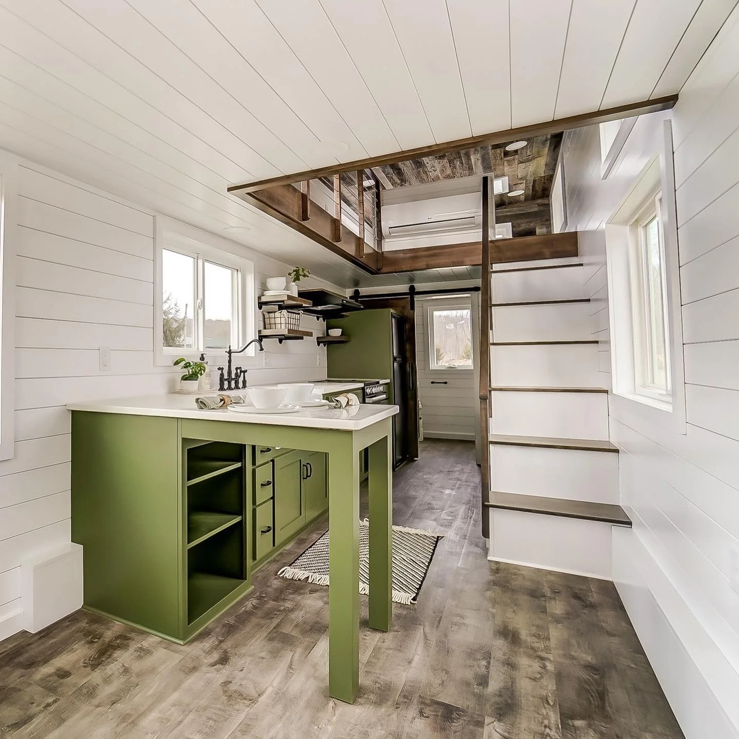 11. Fresh Green Kitchen with Loft Integration (Tiny House Kitchen Ideas)