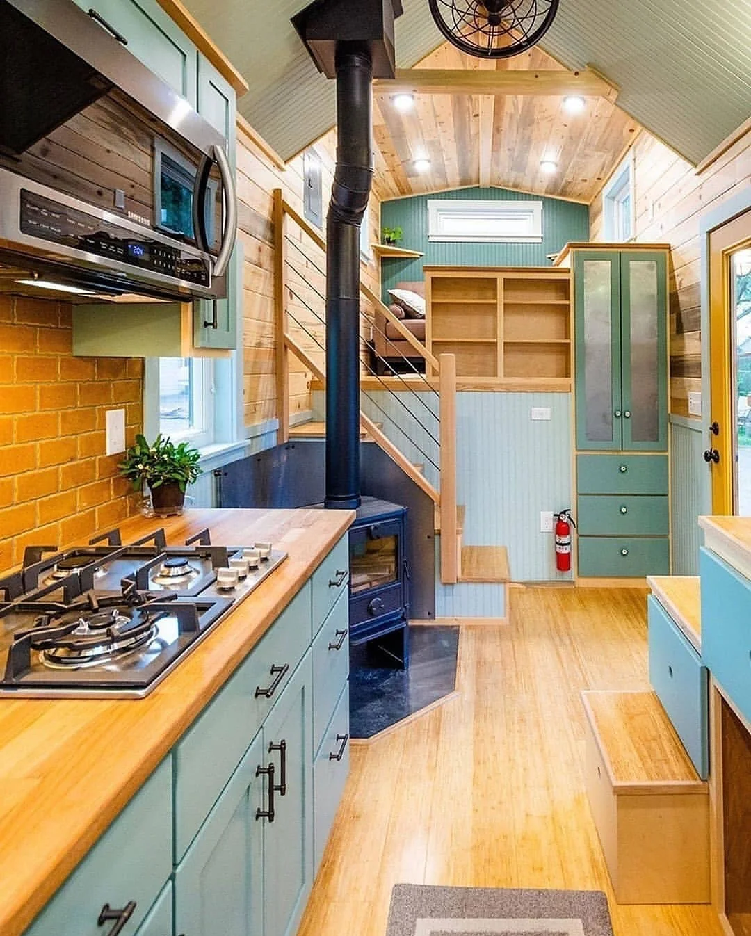 12. Coastal Blue and Wood Kitchen with Warm Charm (Tiny House Kitchen Ideas)