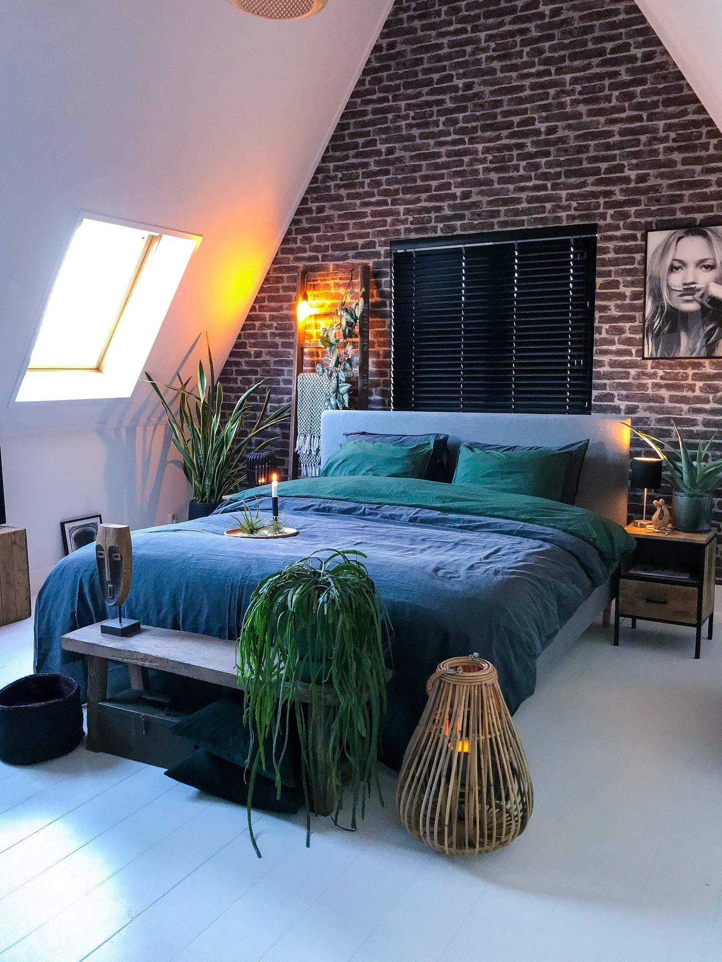 3. Industrial Charm with Green Accents (Greenery Bedroom Ideas)