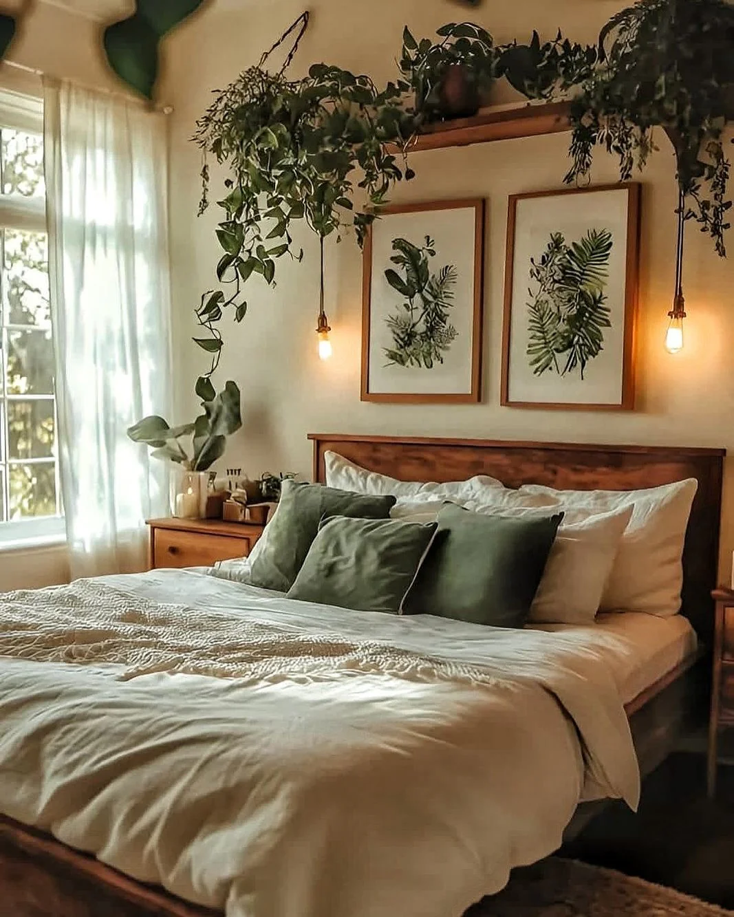 6. Natural Warmth with Overhead Greenery (Greenery Bedroom Ideas)