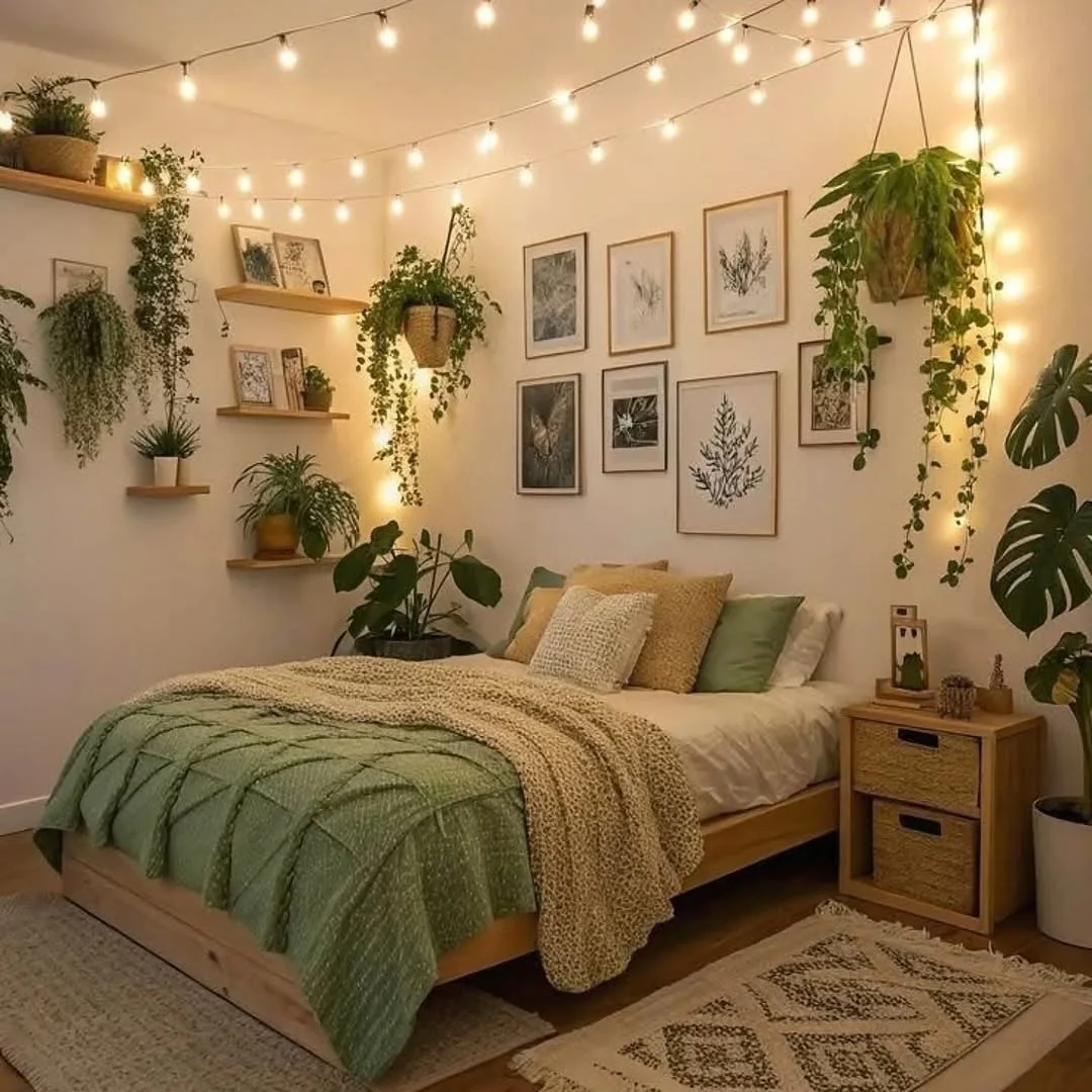 4. Warm Glow and Layered Greenery (Greenery Bedroom Ideas)