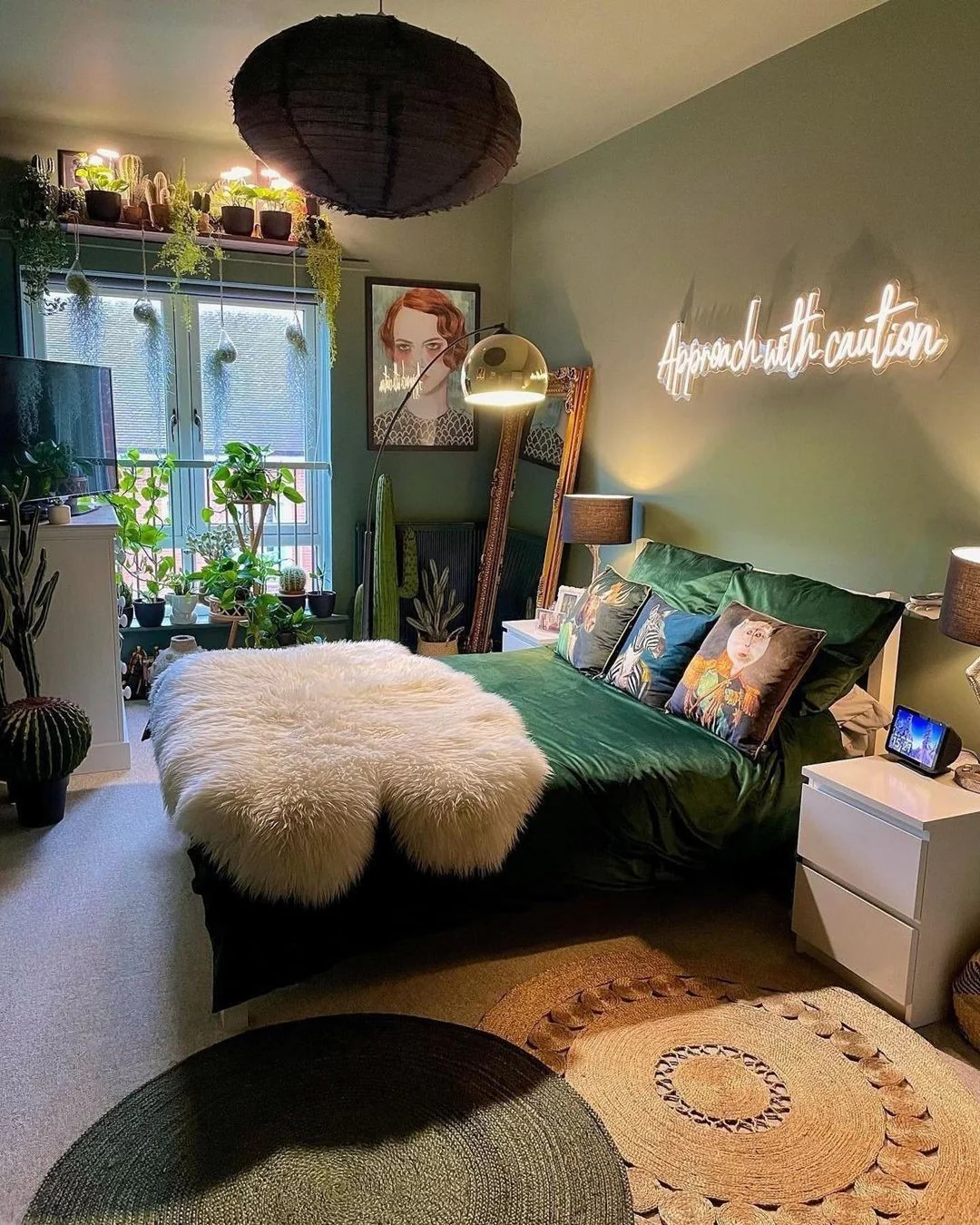 10. Moody Green with Eclectic Accents (Greenery Bedroom Ideas)