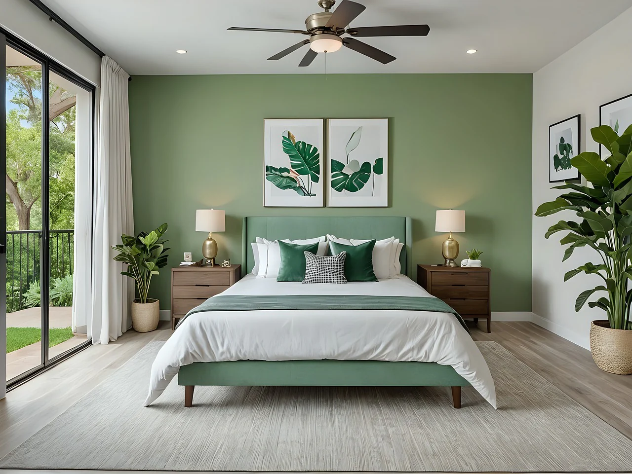 12. Modern Green Elegance with Botanical Touches (Greenery Bedroom Ideas)